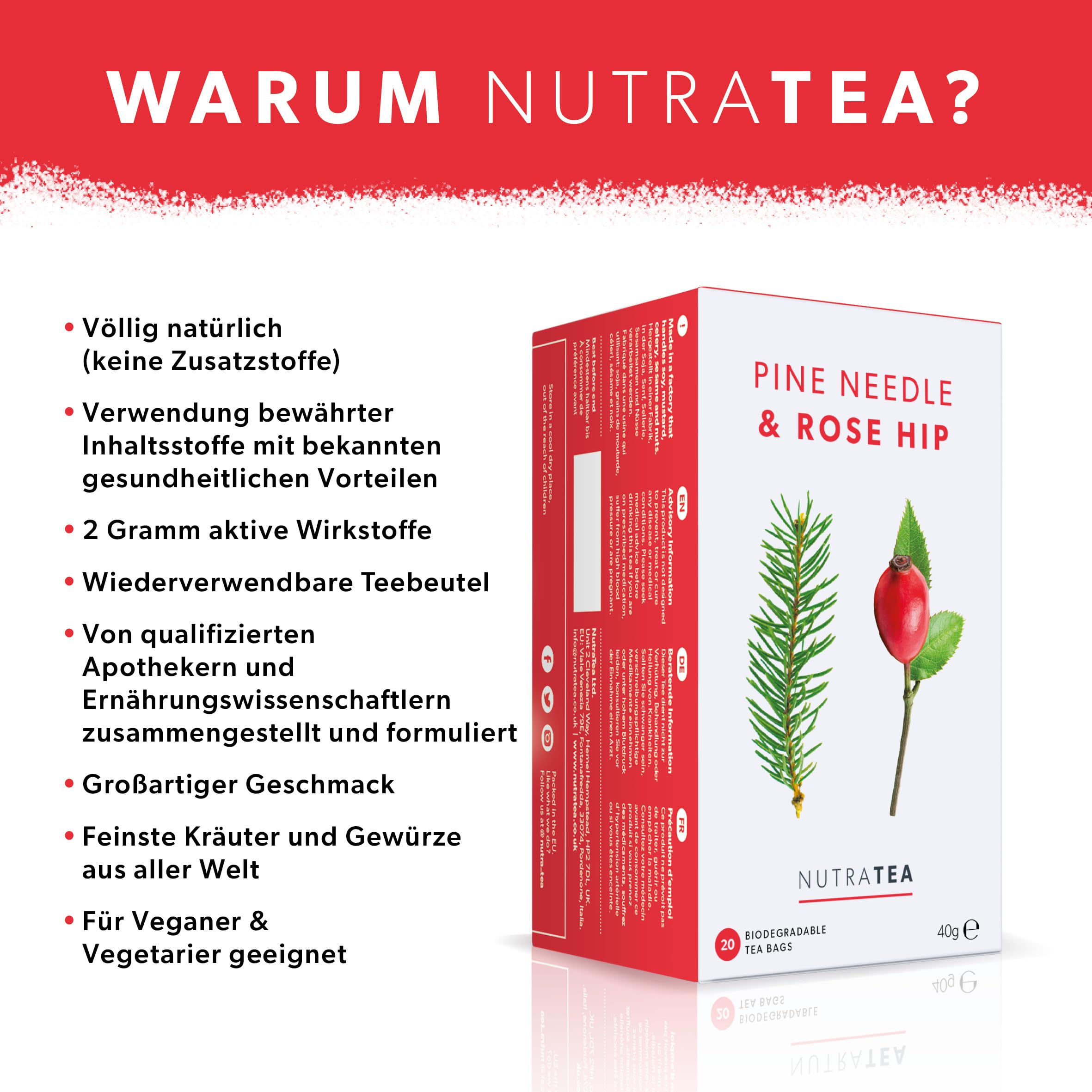 Nutra Tea Hagebutten & Kiefernnadeln Tee - Hagebuttentee zur Unterstützung des Immunsystem & Zellschutz - 120 Verpackte, Wiederverwendbare Teebeutel - Kräutertee - (6 Packung) | Kiefernnadel-Teemischung, einzeln verpackte Teebeutel, botanischer Aufguss, k