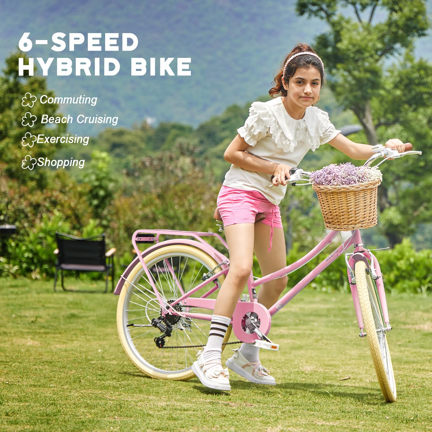 Glerc Missy 24“ Zoll Mädchen Cruiser Kinder Fahrrad 6-Gang Teen Hybrid City Fahrrad für Jugendliche im Alter von 12 13 14 15 Jahren mit Weidenkorb & Leichtgewicht, Pink