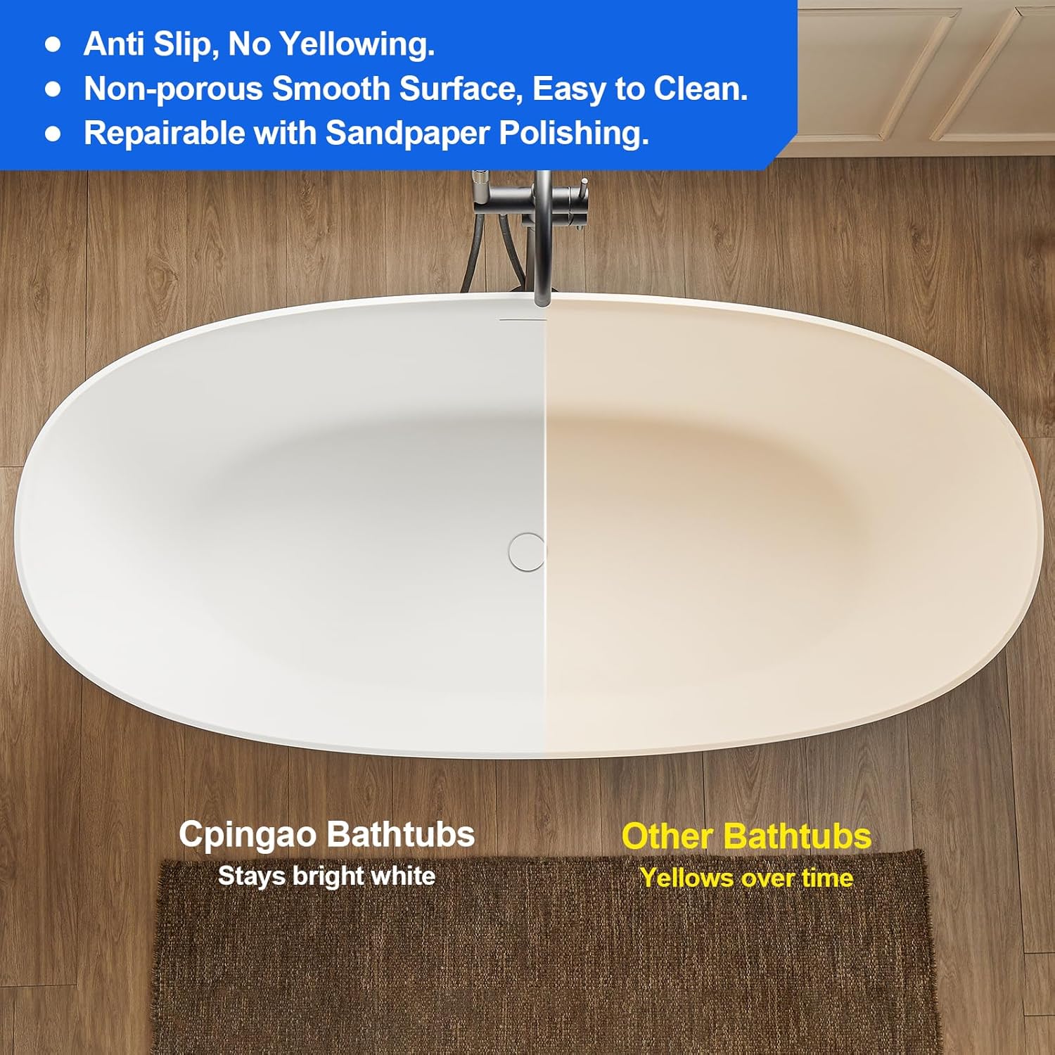 Cpingao 71" Stone Resin Freestanding Bathtub, Contemporary Oval Stand Alone Soaking Tubs, Solid Surface Bathtub with Drain & Integrated Slotted Overflow Matte White 8845-1800 - Image 5