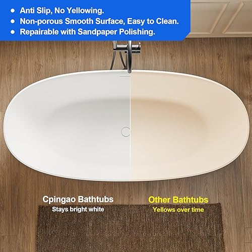 Miniatura 3 de Cpingao Bañera independiente de superficie sólida de 63", bañera de remojo moderna de forma ovalada, bañera independiente de resina de piedra con
