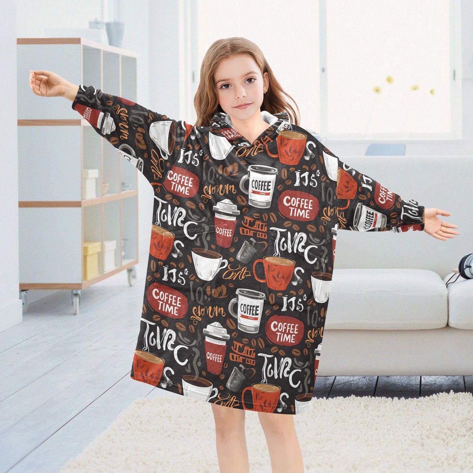 Coffee Time - Manta con capucha para niños, bata de franela suave con orejas y bolsillos, ropa de dormir cálida para niños y niñas