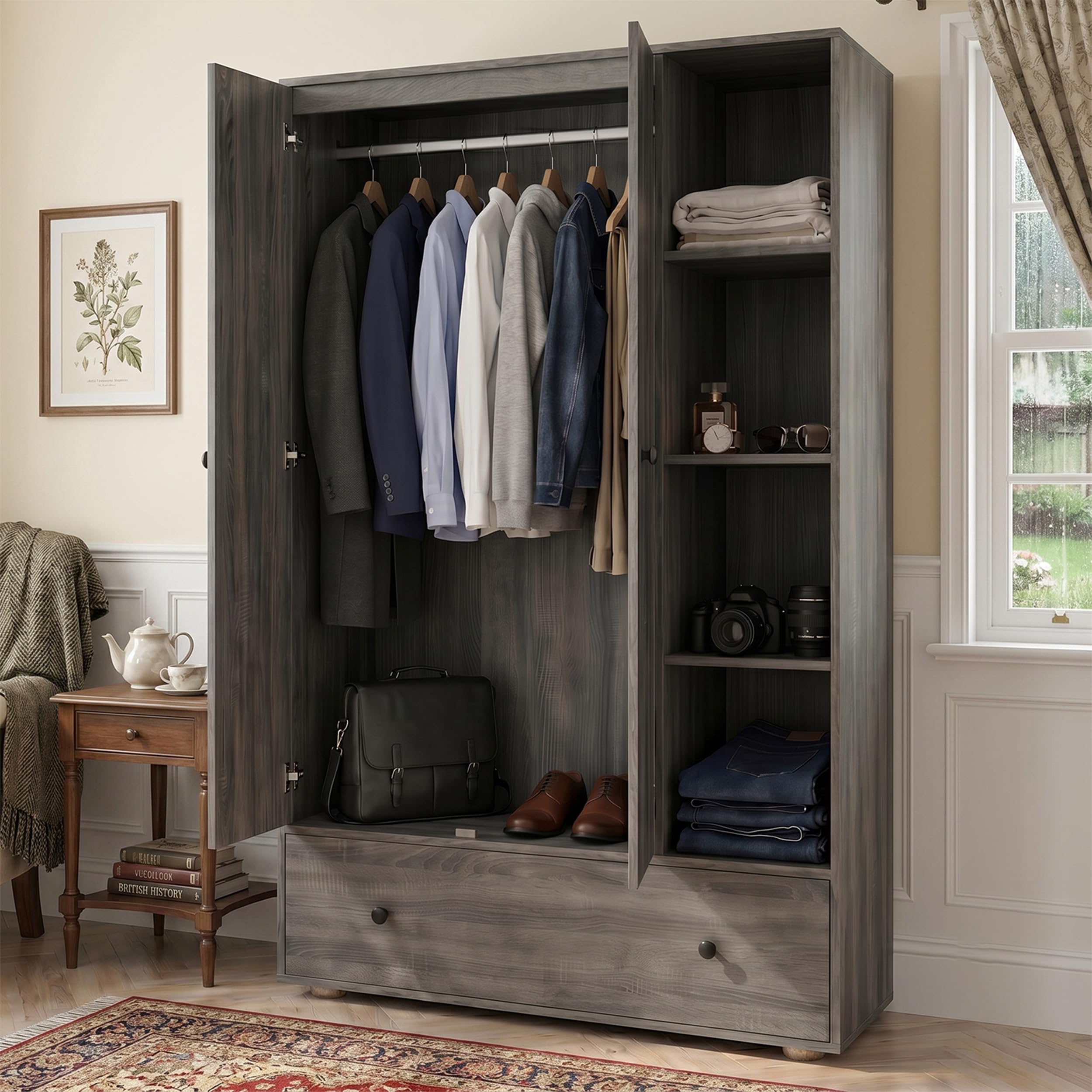 Blisswood 2 Door Wardrobe with Drawer & Hanging Rail, Grey Wooden Bedroom Wardrobe with Open Shelves & Adjustable Storage, Freestanding Double Clothes Storage Cupboard Closet for Bedroom Furniture