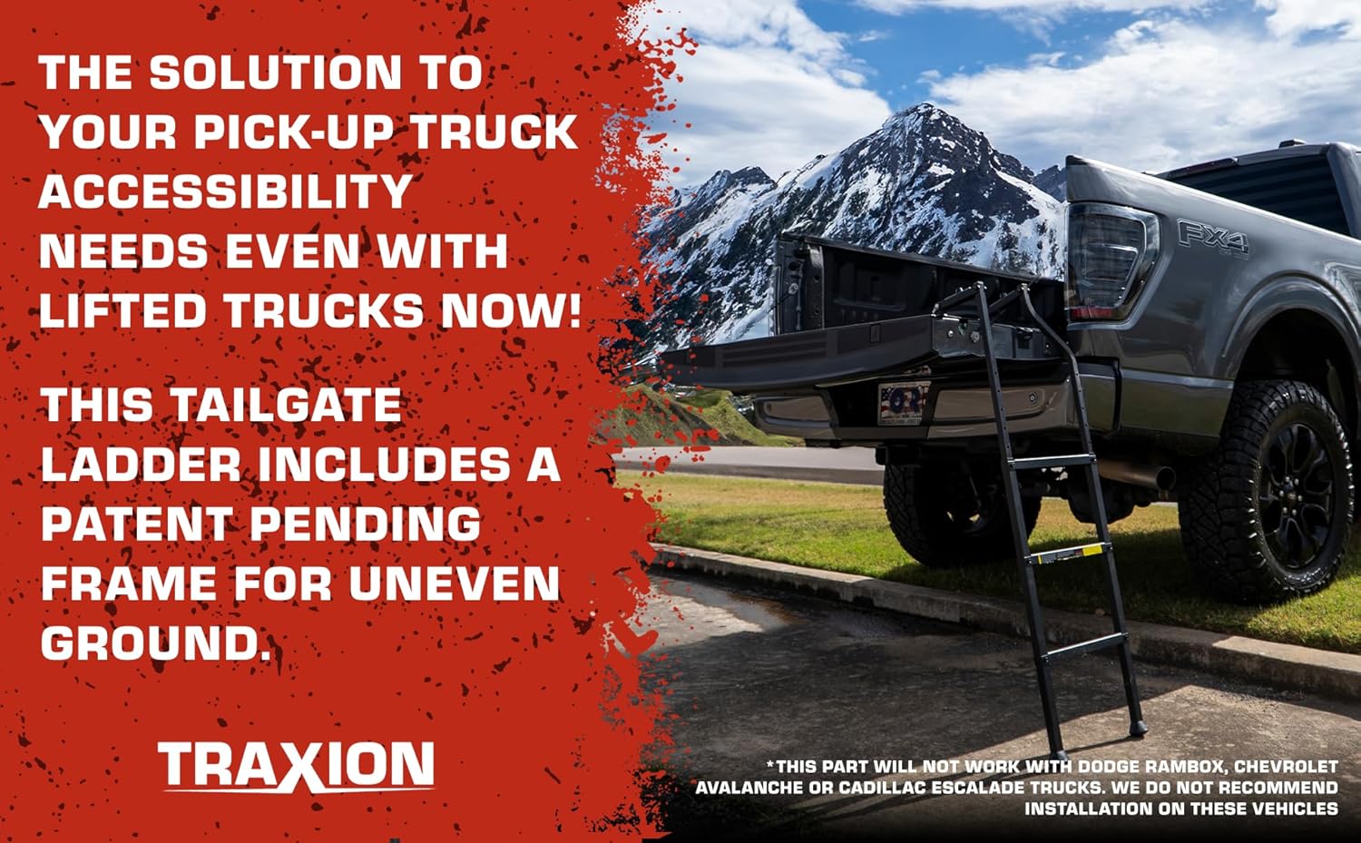 Traxion New Tailgate Ladder XL for All Trucks Including Lifted Trucks up to 50" Tailgate with articulating Patent Pending Frame for Uneven Ground.