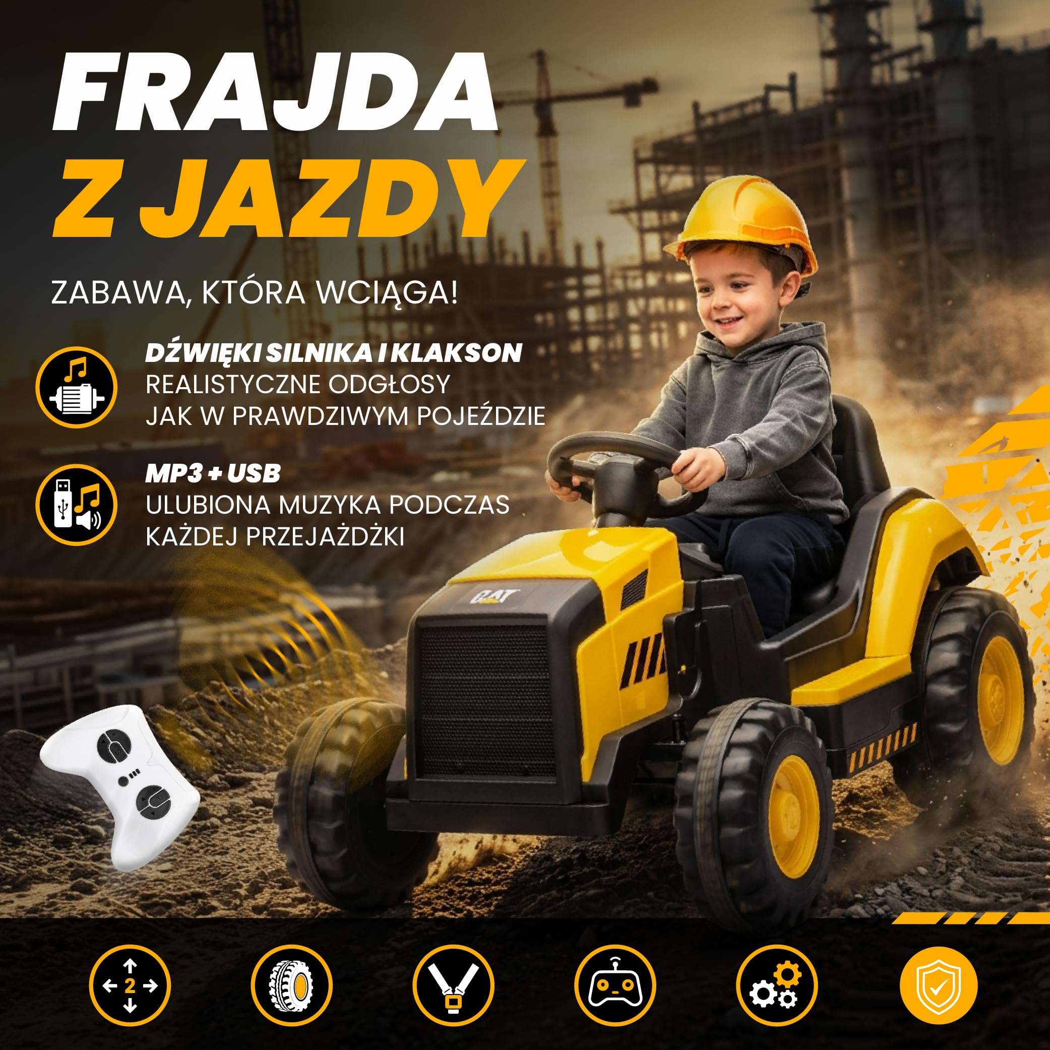 SUN BABY CAT – Elektryczny Traktor Dziecięcy, Jeździk samochód na akumulator 12V z Pilotem, MP3 USB, Pasy Bezpieczeństwa, Duże Koła, Pojazd na Akumulator dla Dzieci 3–6 Lat