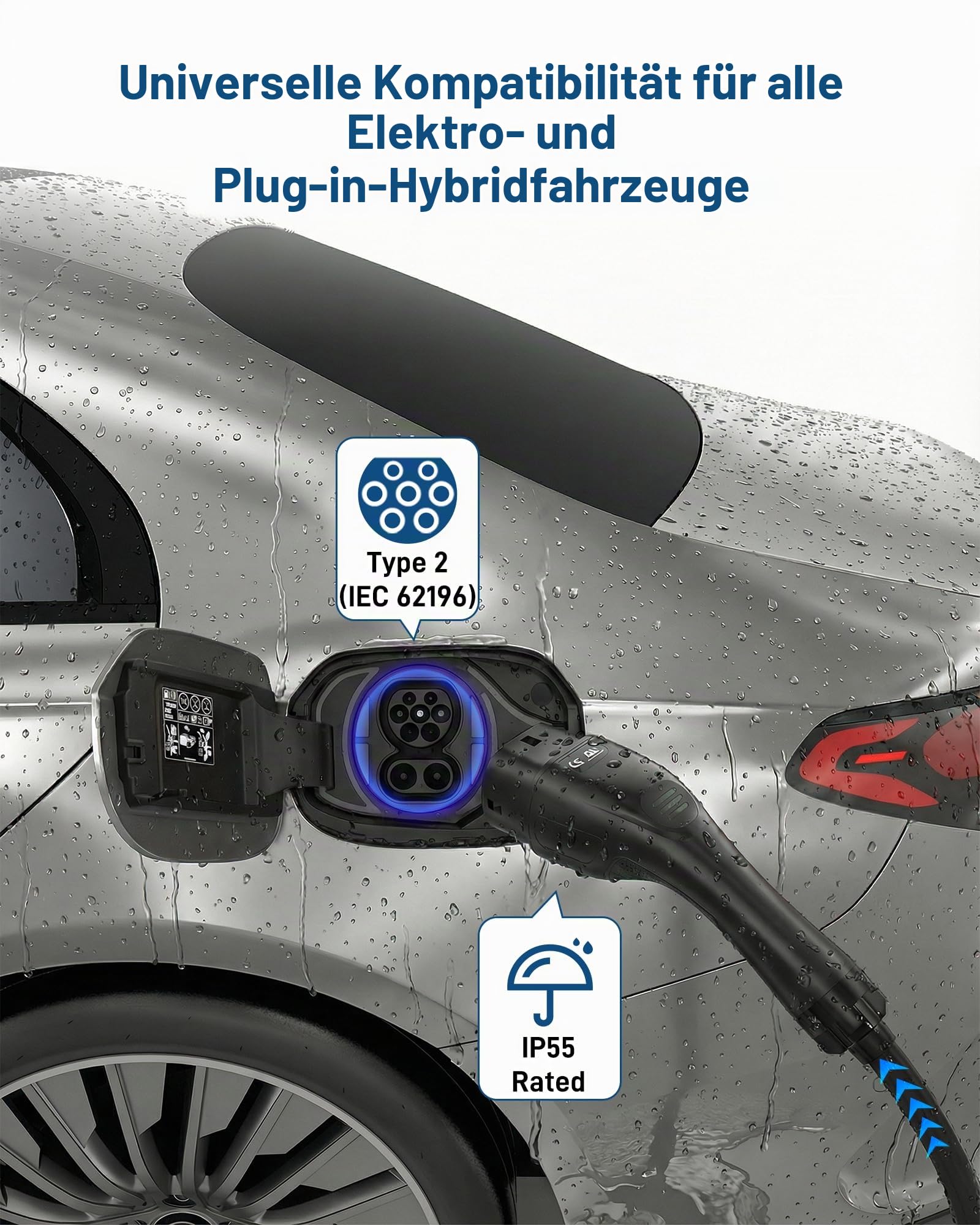 Ladekabel Elektroauto Typ 2 Schuko 3,68 kW (230 V, 16 A, 1-phasig, 15,5 m) | Mobile Wallbox/Tragbare Ladestation mit Display | für alle E-Autos & Plug-in-Hybride (PHEV)