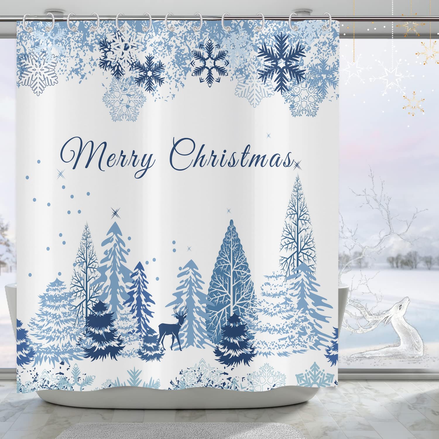 Hnmdmyi Christmas Shower Curtain 180x220, Blue Xmas Tree Deer Snowflake Winter Holiday Happy New Year Bathroom Curtains with Hooks Waterproof Polyester Fabric Washable Bath Curtains for Wet Room