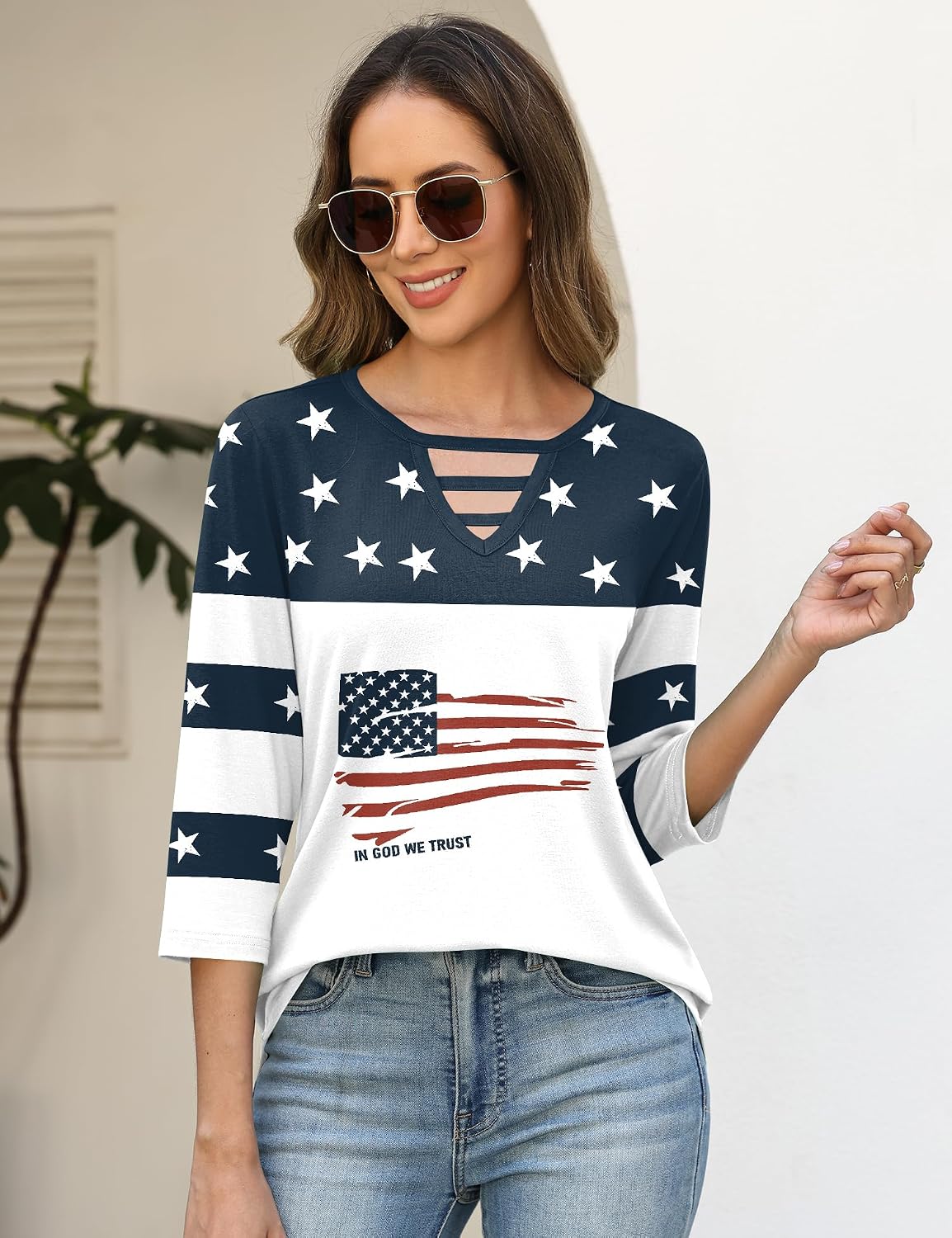 LOMON Women's 3/4 Length Sleeve Tops Crew Neck Hollow Out T Shirts Fashion Casual Tops for Women 2026