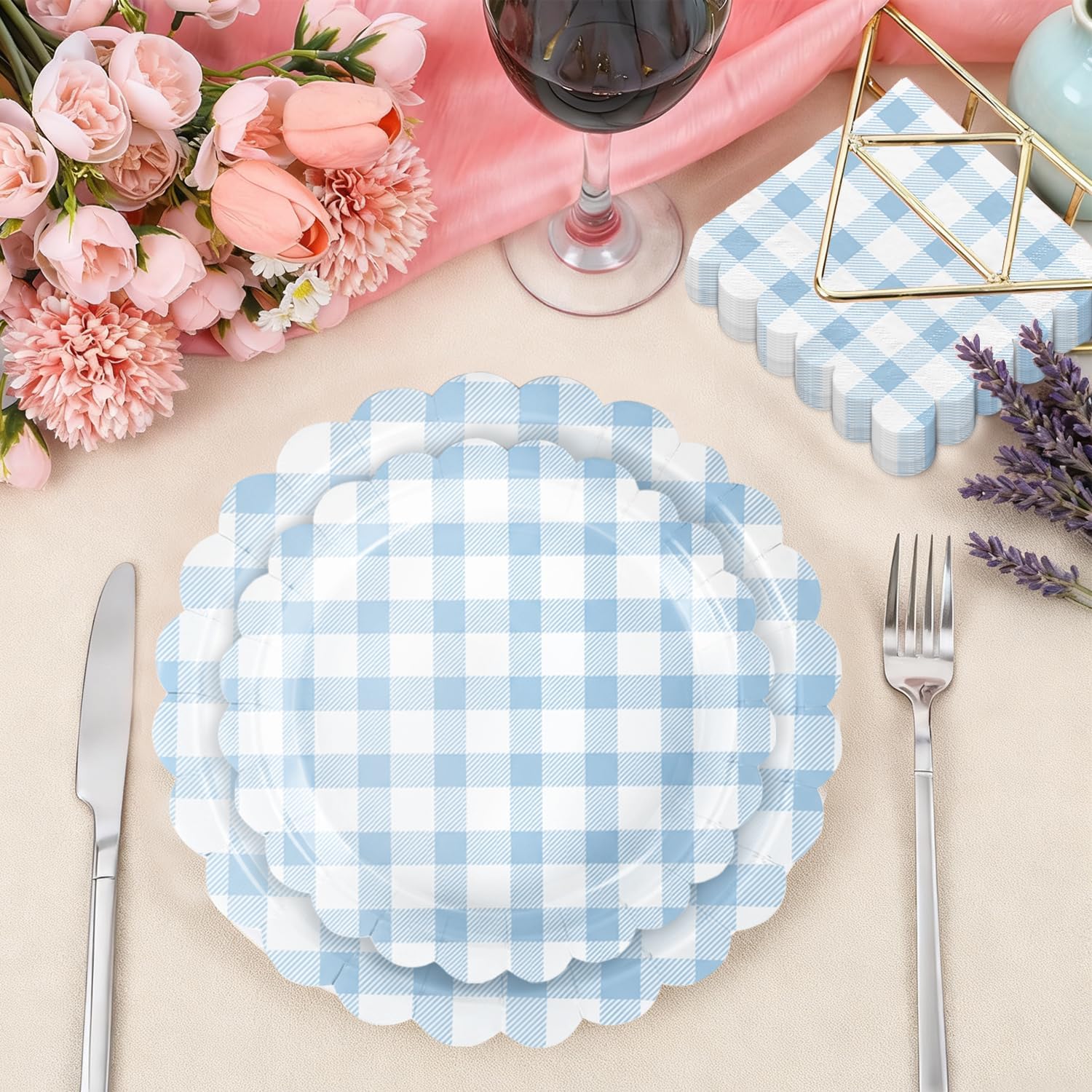 175 PCS Blue Gingham Party Supplies Includes Light Blue Gingham Paper Plates, Cups, Napkins, Cutlery for Wedding Bridal Shower Birthday Baby Shower Party Decorations, Serves 25