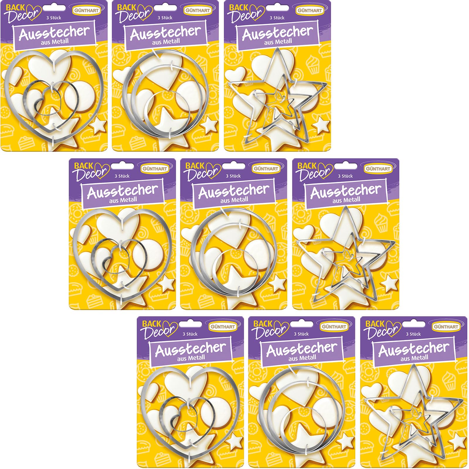 Günthart BackDecor 3 Ausstecher Set mit Herz, Stern und Kreis in je 3 verschiedene Größen, 1er Set (9 Stück)