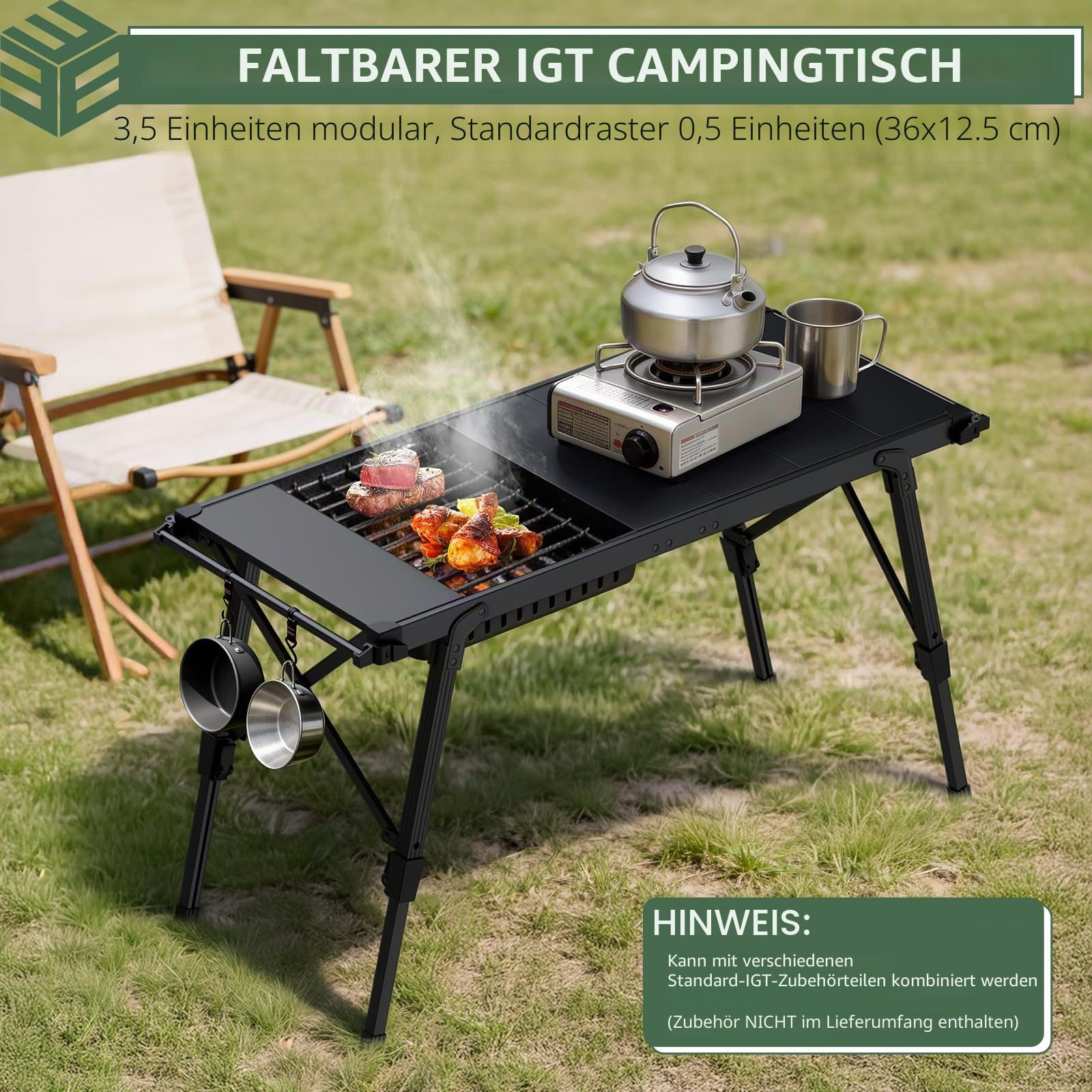 EYPINS Campingtisch Klapptisch 88x38cm, Tragbarer Grilltisch & Esstisch 38-55cm Höhenverstellbar Alu-Camping Tisch, IGT Tisch 3,5 Einheiten flexibel & kompakt für Camping Picknick Grillen
