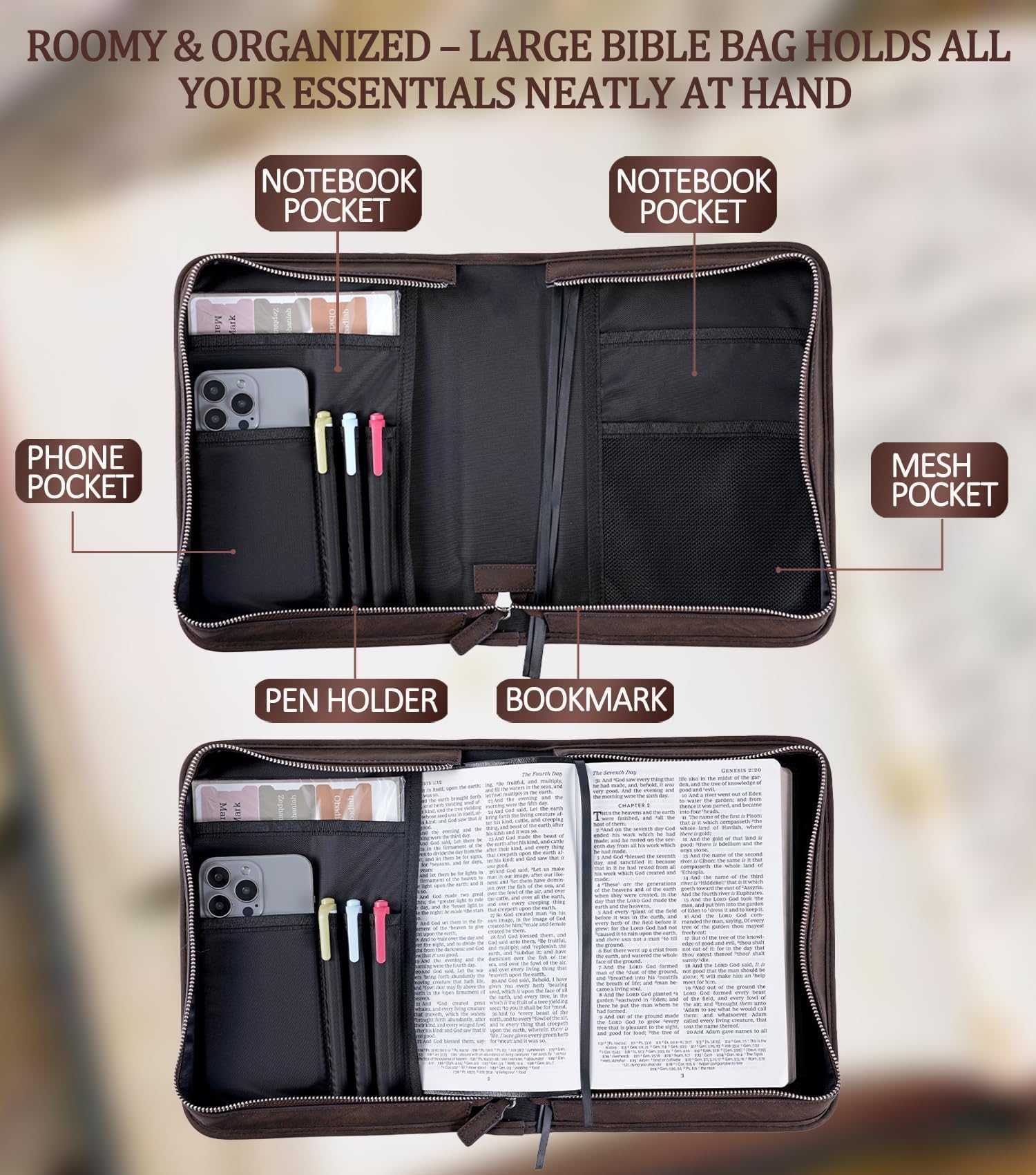Veganes Leder Bibel Cover Case Bibeltasche mit Handytasche Bibelhülle für Männer Frauen Christliche Geschenkbox Verpackung (Braun)