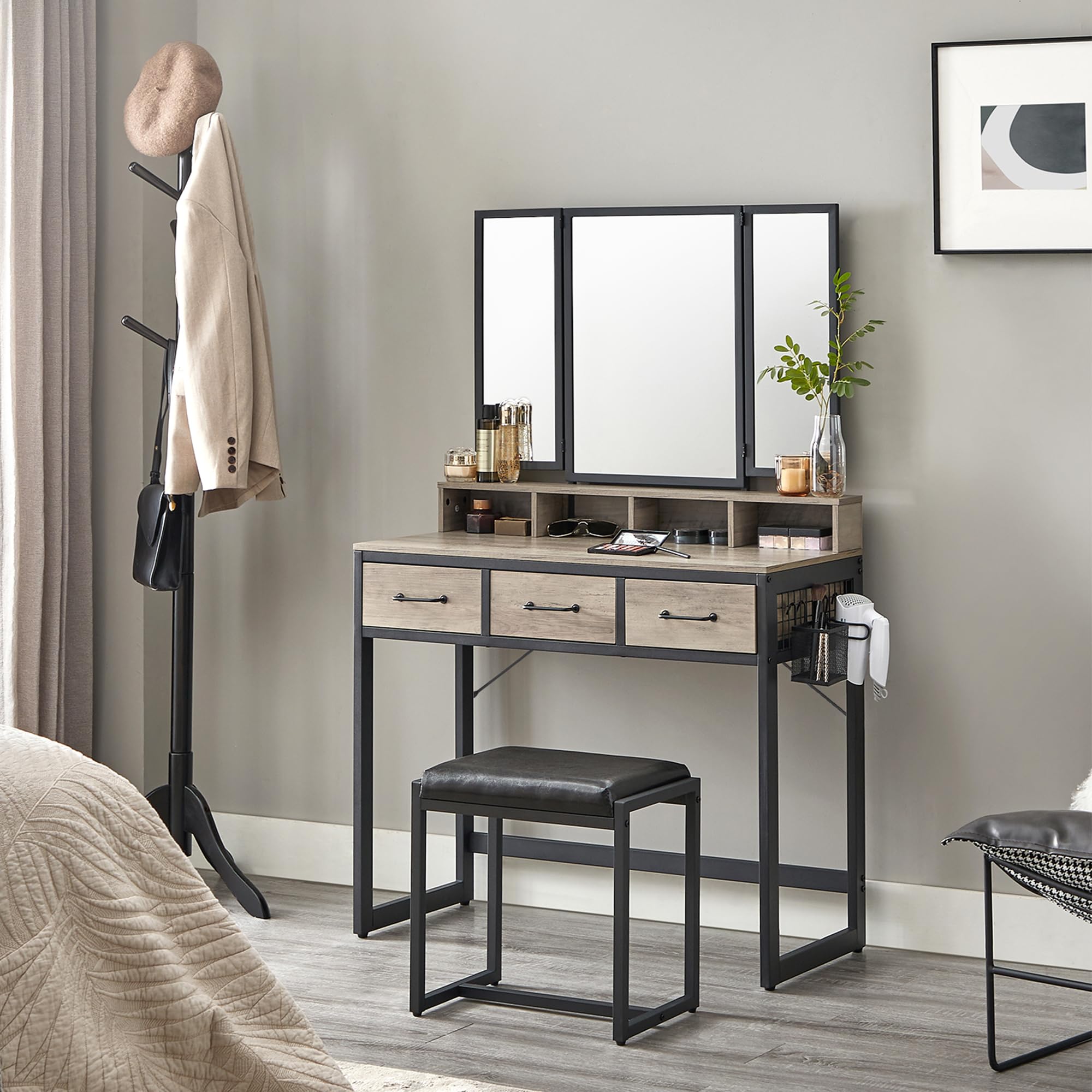 VASAGLE Dressing table with 3-piece folding mirror, hair dryer holder, cosmetic table with padded stool, 3 drawers, industrial design, greige and black, RVT004B02