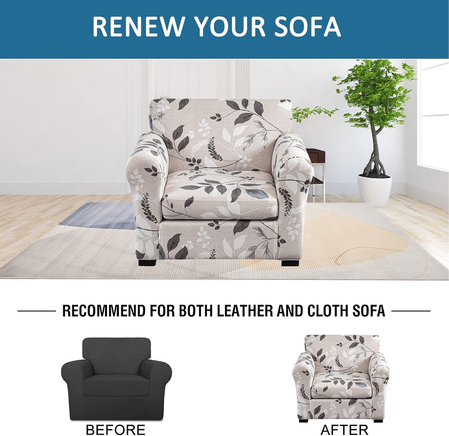 Couch Chair Cover 2 Pieces Printed Armchair Slipcovers Stretch Spandex Couch Cover 1 Seater Soft Furniture Slipcover with Elastic Bottom for Living Room