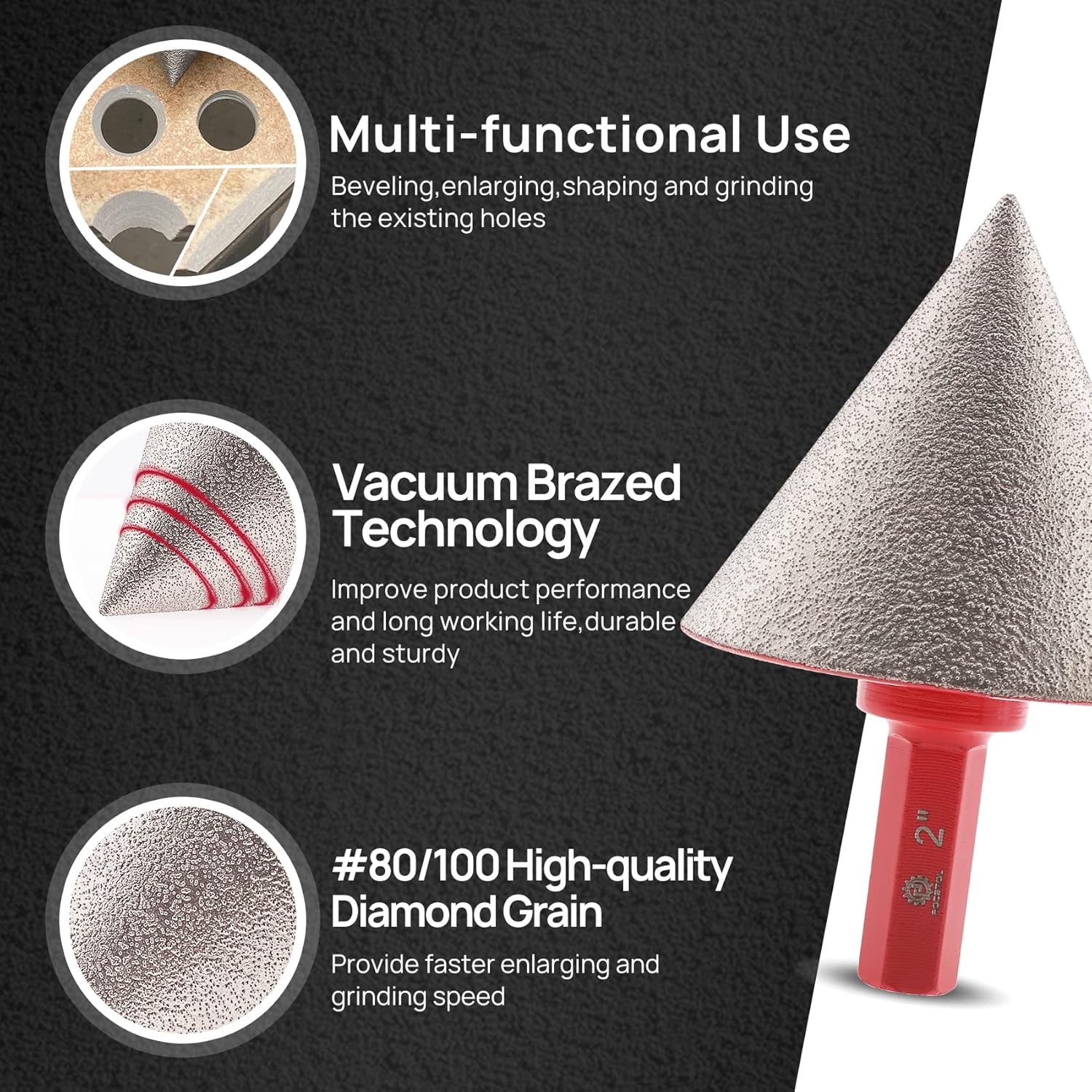 FOCSTOL Diamond Beveling Chamfer Bit - 2''(50mm) Countersink Drill Bits with Hex Shank for Existing Holes Enlarging Shaping Trimming in Tile Porcelain Ceramic Granite Marble