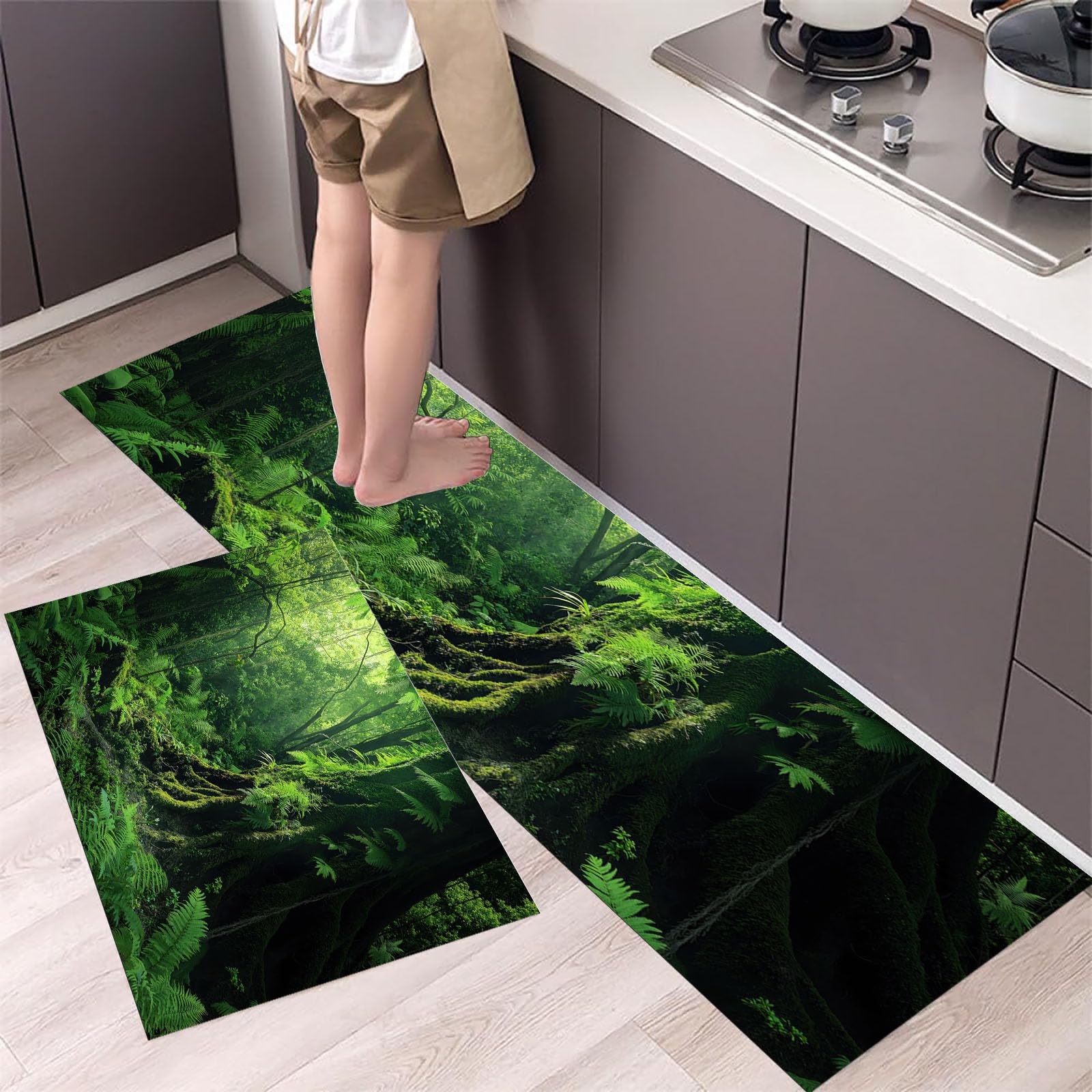 Tappetini da cucina 2 pezzi, Tappeto Cucina Antiscivolo, Fotografia della foresta pluviale Felci arboree antiche Tappeti da Cucina, lavabile, Adatto per corridoi, cucine,50x80+50x150cm, Verde scuro