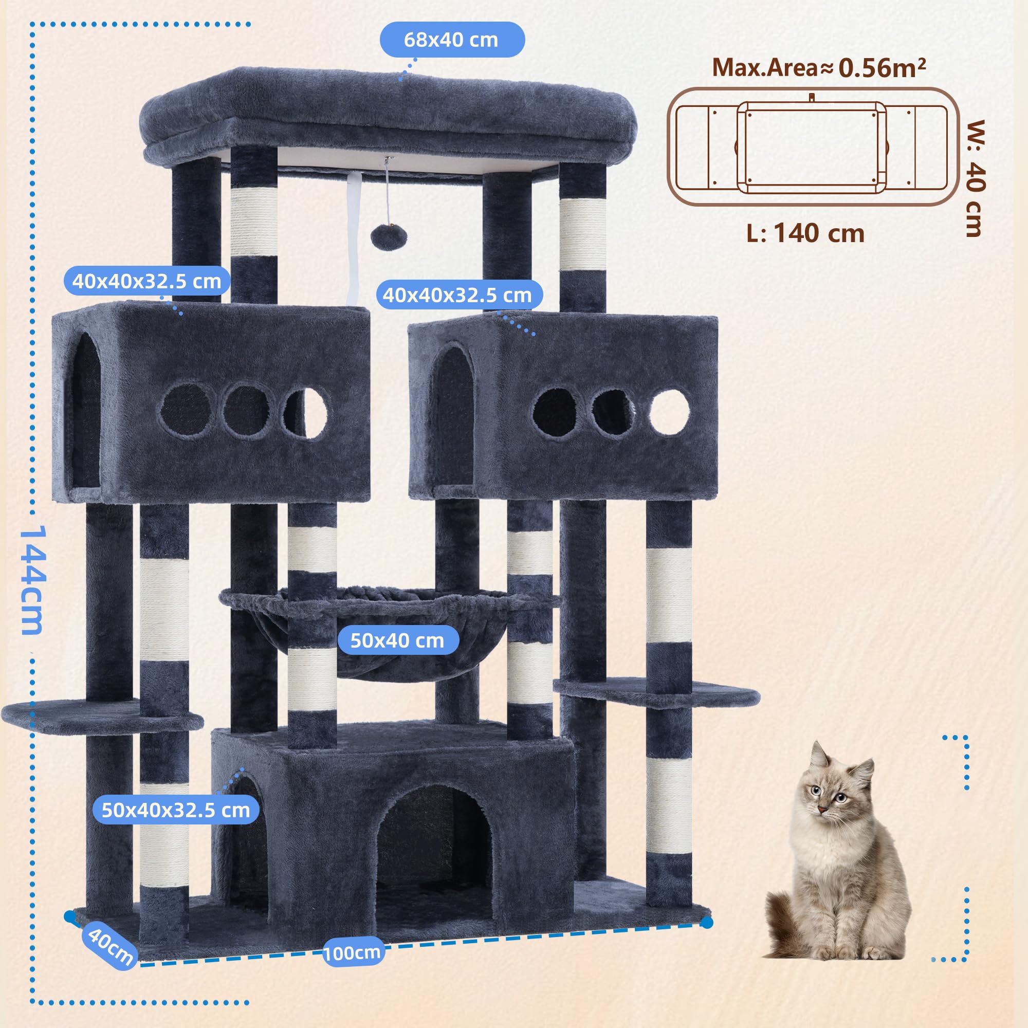 Hey-brother Tiragraffi per Gatti, con Amaca, 3 Cucce grandi, MPJ83G | 144cm Albero per Gatti, Piattaforma spaziosa, Pompon, Ideale per Maine Coon da interno, Grigio Fumo