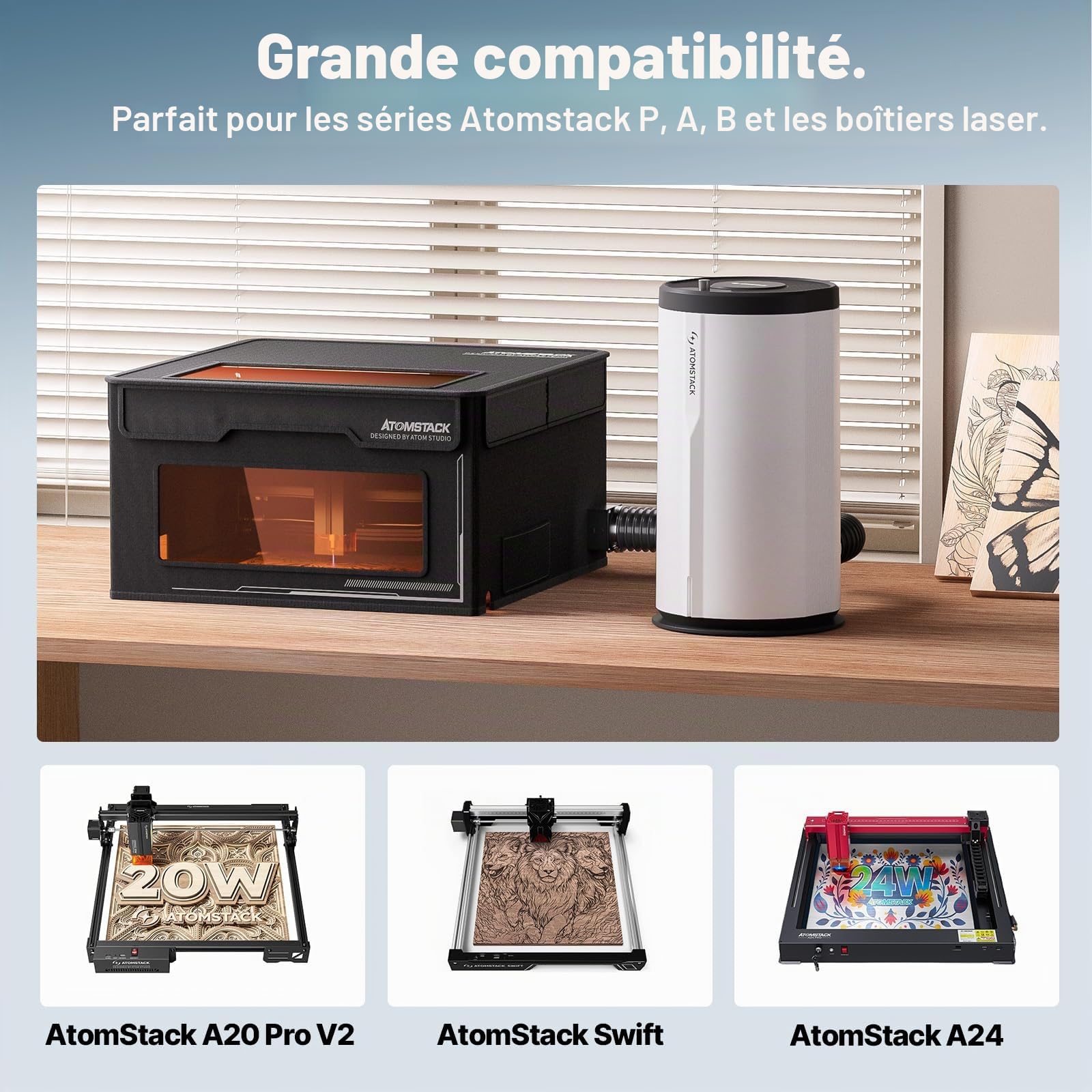 ATOMSTACK D3 Purificateur d'Air, Filtres Remplaçables, Extracteur de Fumée Pour Graveur Laser, Système de Filtration à 7 Couches, Kit de Filtres HEPA