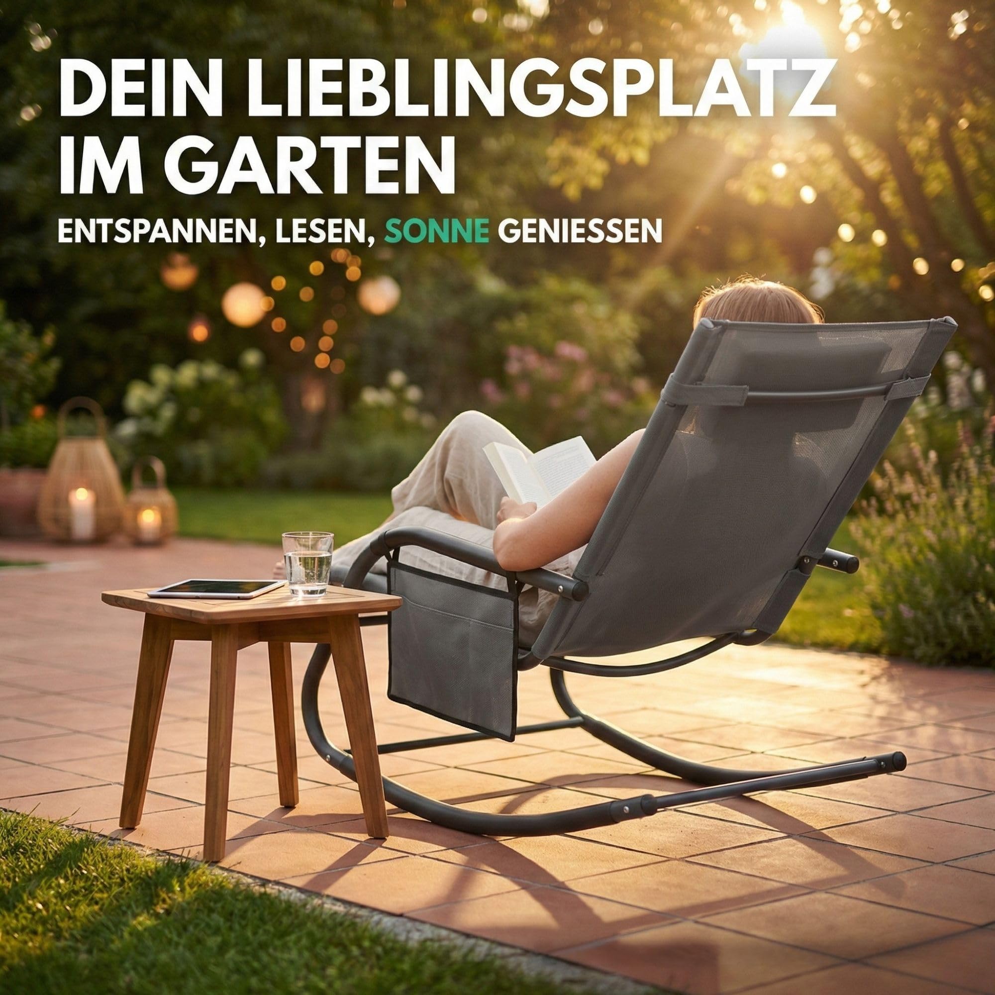 ALBATROS Gartenliege C-Form | Kopfkissen, Seitentasche, 160kg, wetterfest | Relaxliege, Schaukelstuhl, Schwungliege & Sonnenliege, Gartenstuhl, Balkonmöbel Grau, langlebig, für Garten & Terrasse