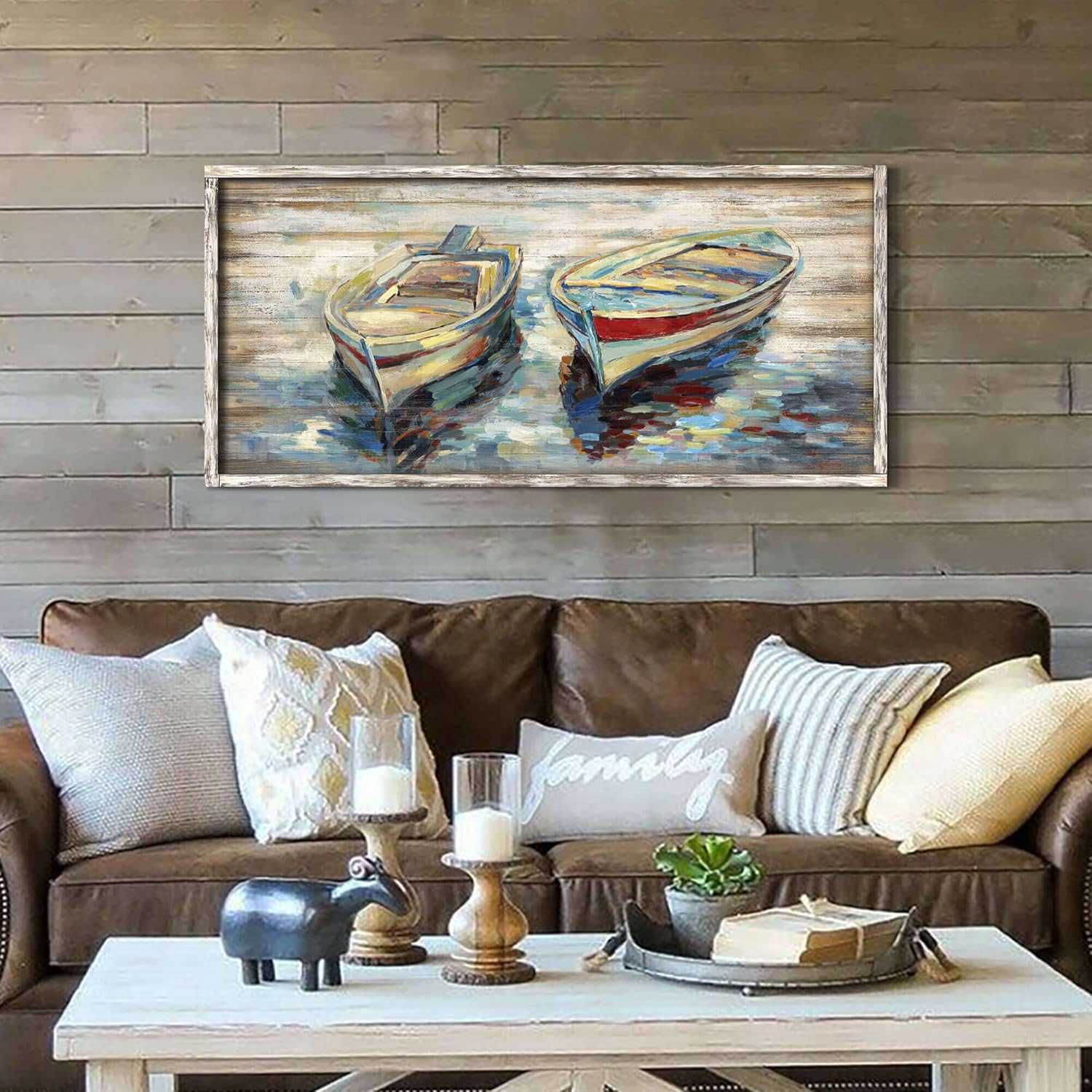 Beach Boats Framed Wall Art: Abstract Canoe Painting Hand Painted Coastal Sailing Boat Wooden Painting Modern Nautical Sail Picture Seaside Rowboat Artwork Decor for Living Room