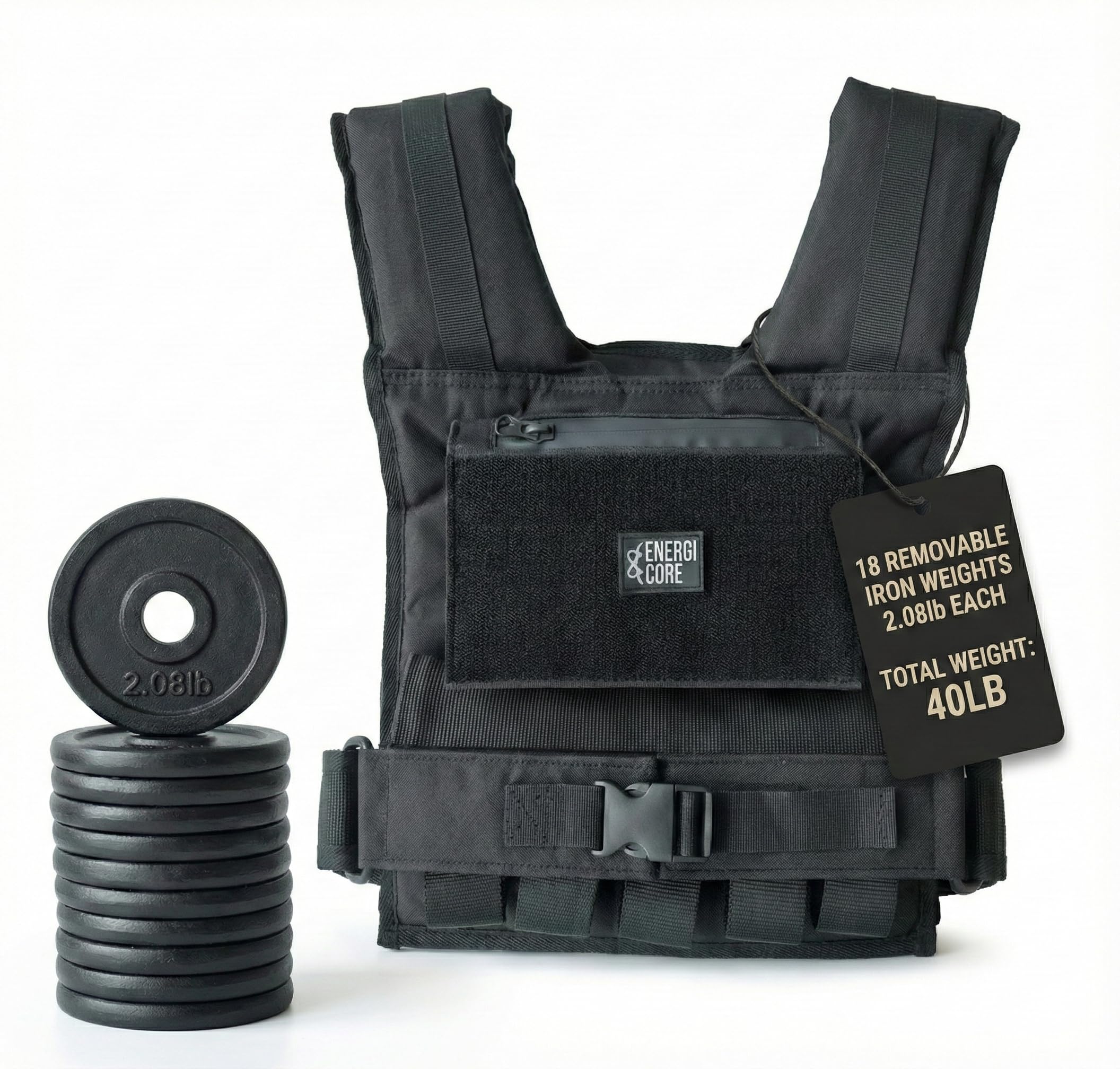 ENERGI CORE Adjustable Weighted Vest 40lbs - Heavy Duty Tactical Weight Vest for Men Women Workout - Removable