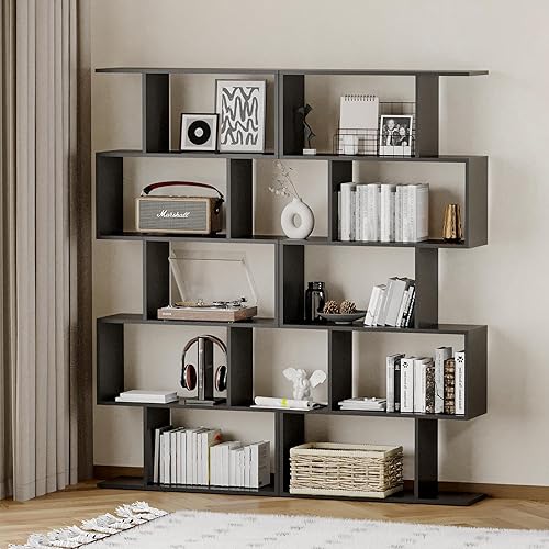 Miniatura 5 de Estantería geométrica de 5 niveles, estantería en forma de S con tablero de partículas, moderna estantería negra de madera con gran capacidad,