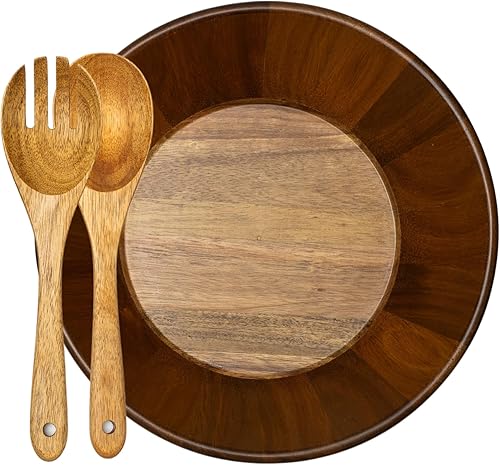 J&M Cafe Juego de cuencos grandes de madera de acacia con dos herramientas de bambú para servir, cuenco de madera para servir, ensaladera con