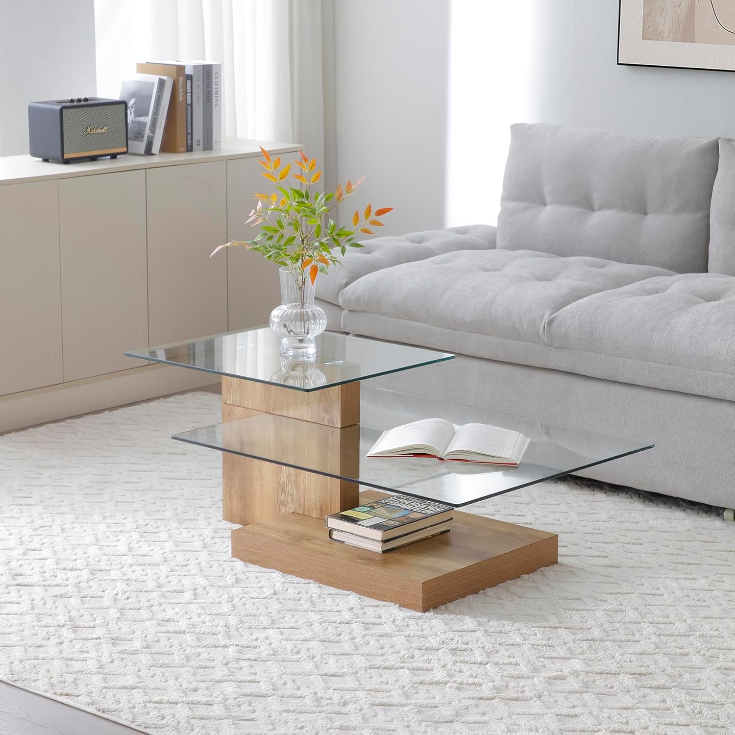 Coffee Tables for Living Room, Round Glass Coffee Table with Wooden Base Mid-Century Modern End Table, Round Coffee Table for Living Room, Office, Balcony (Wood)