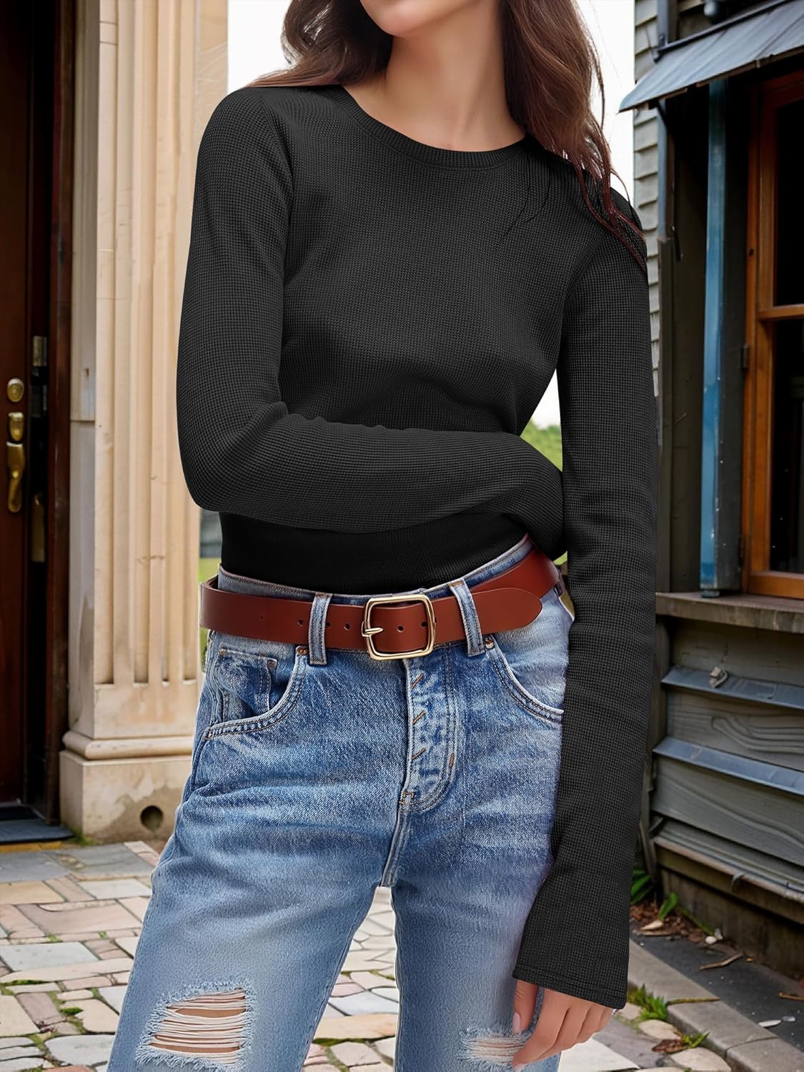 ANRABESS Women's Long Sleeve Waffle Knit Shirts Casual Slim Fitted Crew Neck Thermal Tops Basic Tee 2026 Fall Trendy Outfits - Image 5