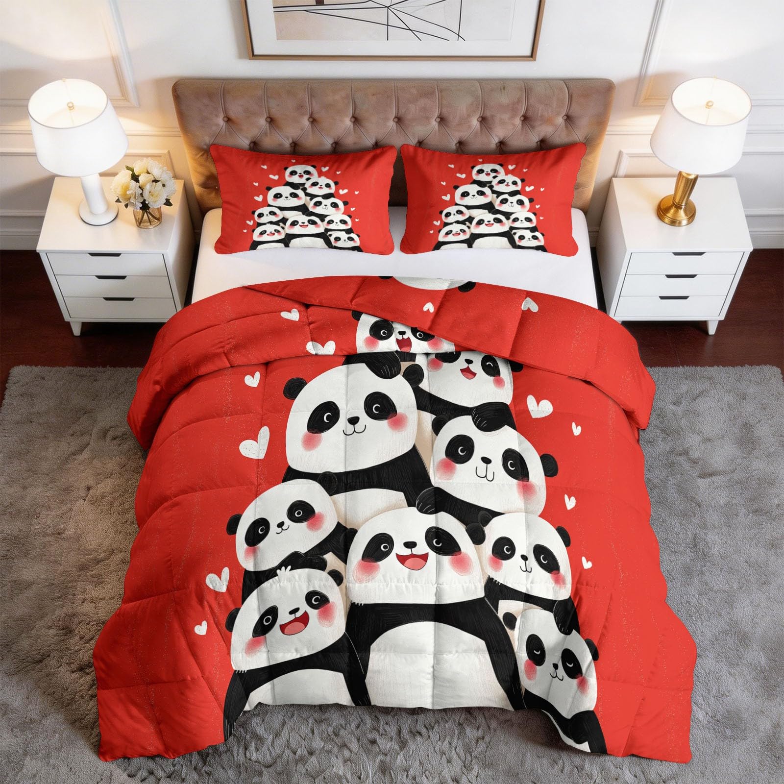 Süße Pandagruppe Herzen Bettdecke 220 x 240 cm 4 Jahreszeiten Steppdecke, Cartoon-Tiere Waschbare Ganzjahresdecke Babys Kleinkinder Bettwaren Set Babyzimmer Kinderzimmer Bettdecke Ohne Bezug