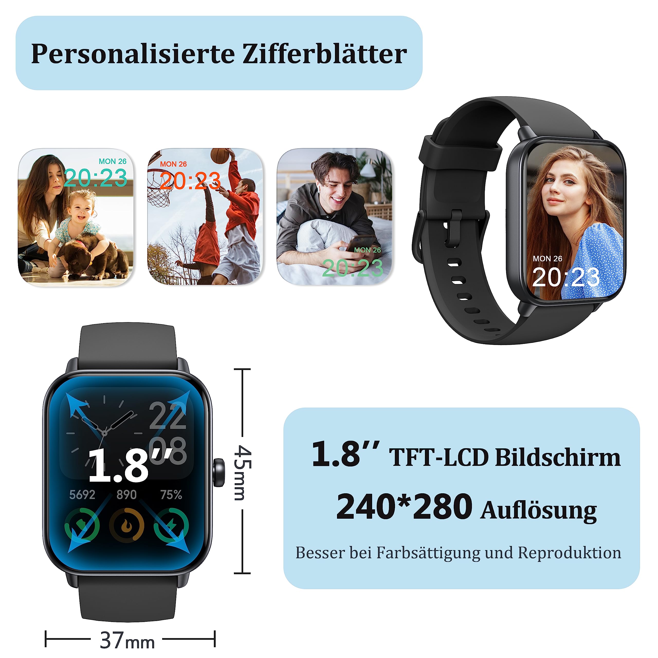KALINCO Smartwatch für Damen Herren, Fitnessuhr 1.8 Zoll mit Telefonfunktion, IP68 Wasserdicht, SpO2 Schlafmonitor Schrittzähler