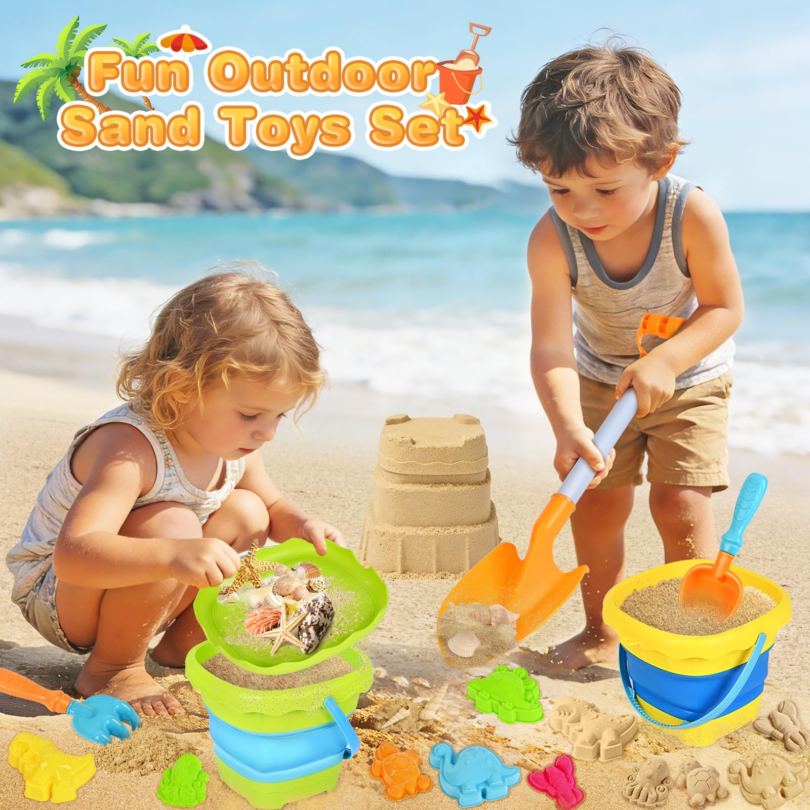 AuroTops Zusammenklappbarer Strand-Sandeimer mit Schaufeln, Sommerreise, Strandspiel-Set