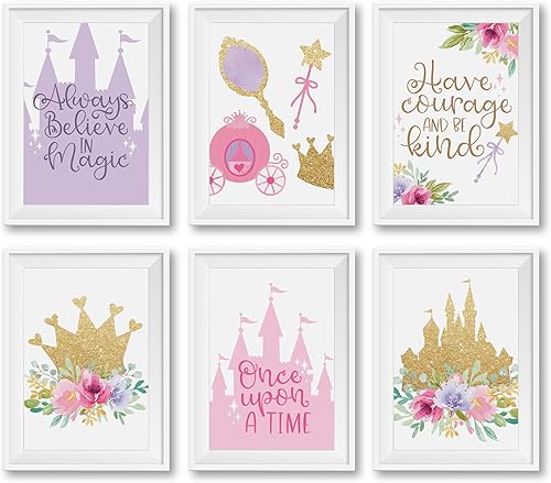 Hadley Designs 6 decoraciones de princesa para habitación – Pósteres de arte de pared de princesa para cuarto de bebé y baño, impresiones mágicas