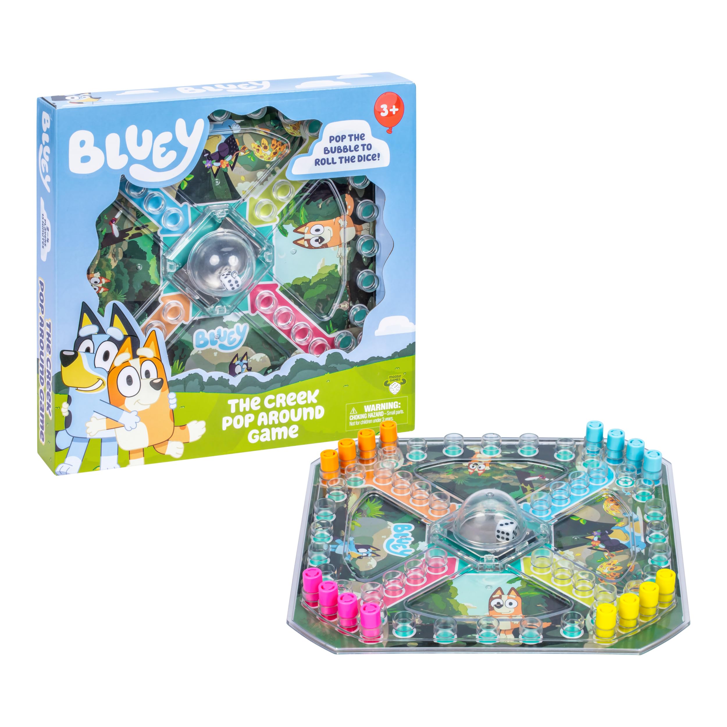 Bluey, The Creek Pop Around Game, a fun and classic pop 'n' race board game contains 16 pieces for players. Pop The Dice and Be The First to Get 4 Playpieces Around the Board (Pop The Dice