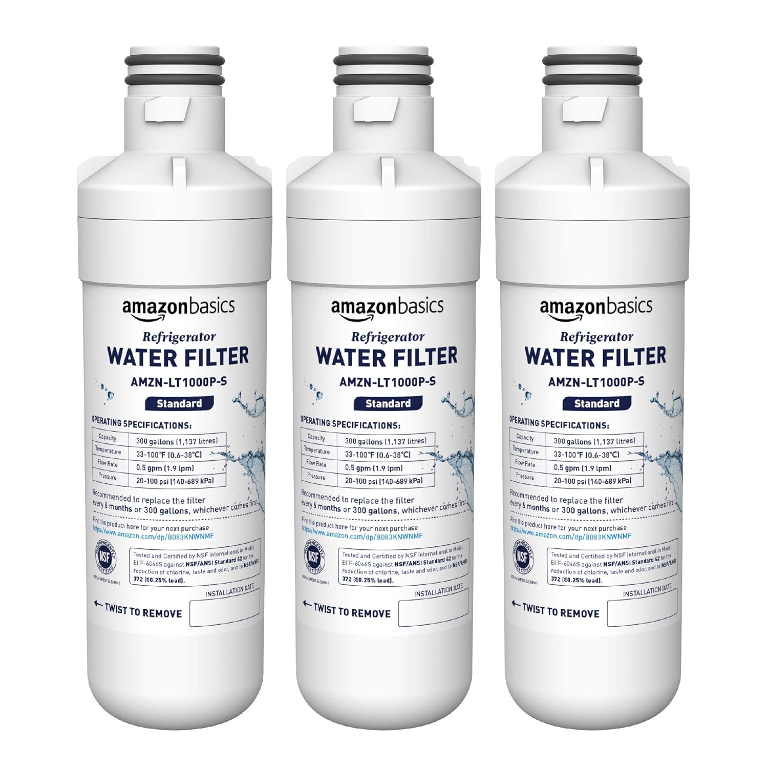 AmazonBasics Replacement LG LT1000P Refrigerator Water Filter, 3Pack