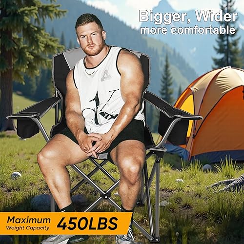 Miniatura 5 de Paquete de 2 sillas de camping plegables de gran tamaño para adultos, sillas de césped resistentes con almacenamiento para tazas y bolsa