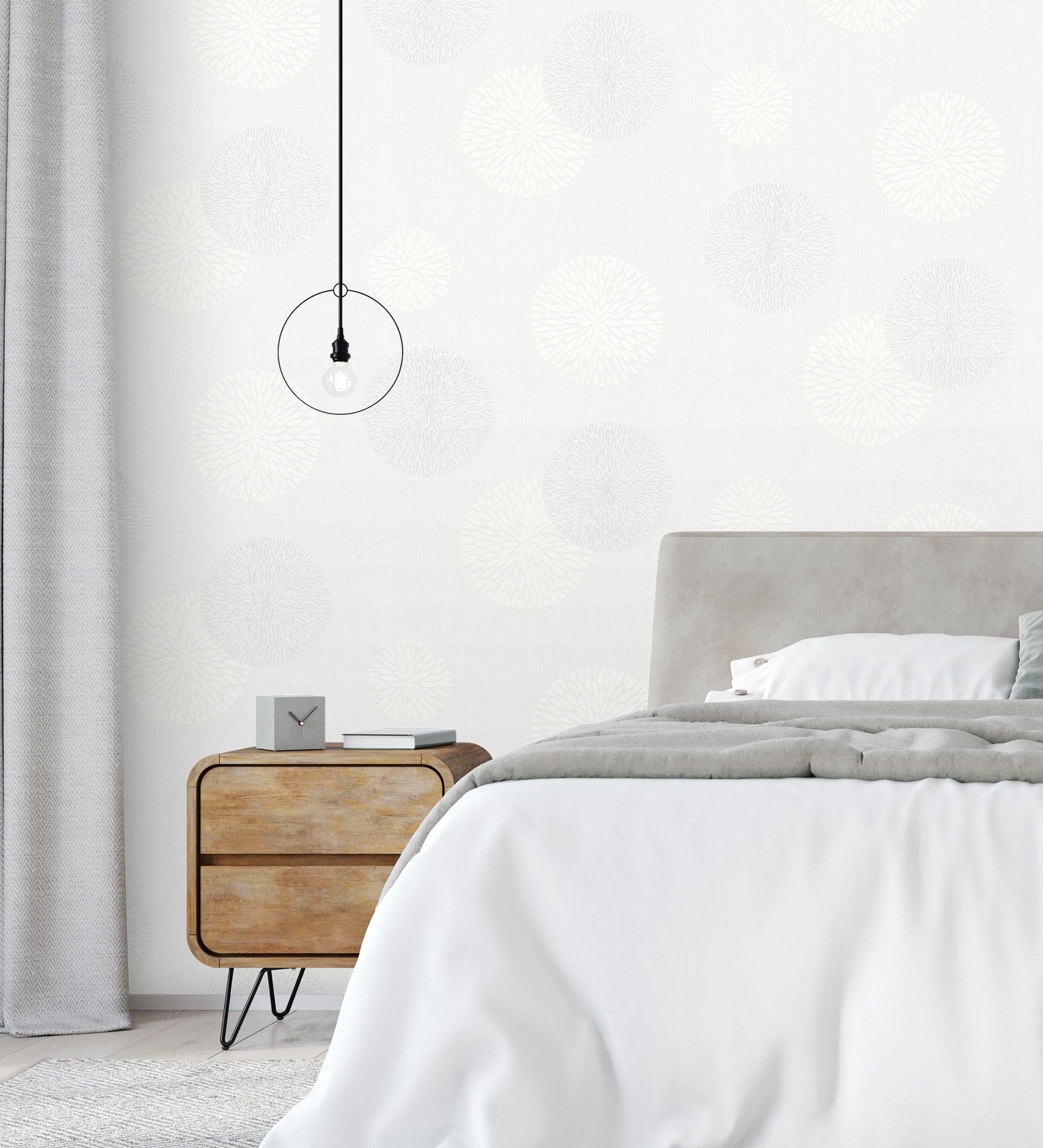 GAULAN 451900 - Papel pintado vinílico de círculos y flores geométricas gris claro relieve para pared salón cocina baño dormitorio pasillo - Rollo de 10 m x 0,53 m