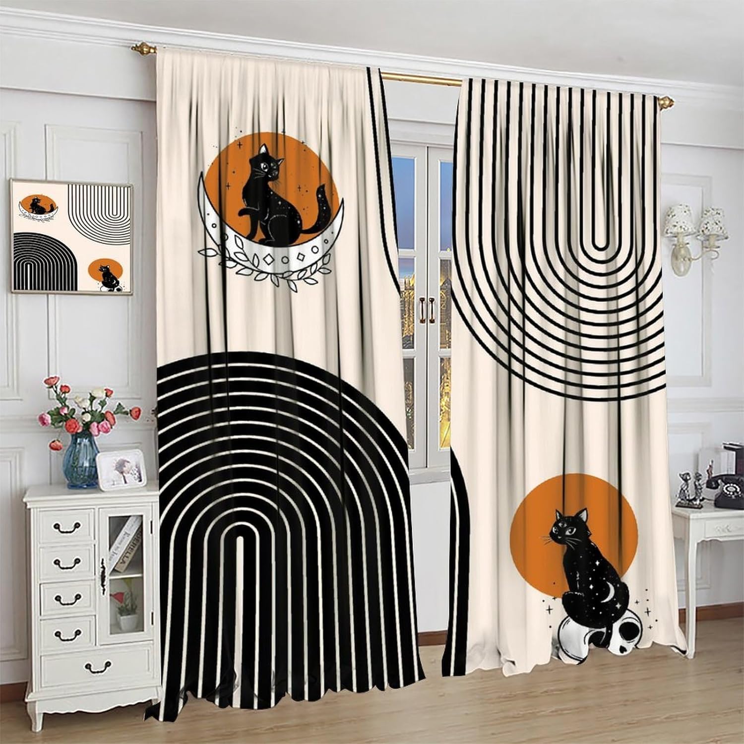 Mid-Century Arched Curtain, Bohemian Black Cat Geometric Abstract Style Vintage Window Treatments, Bedroom and Living Room Blackout Curtains52X84 Inch
