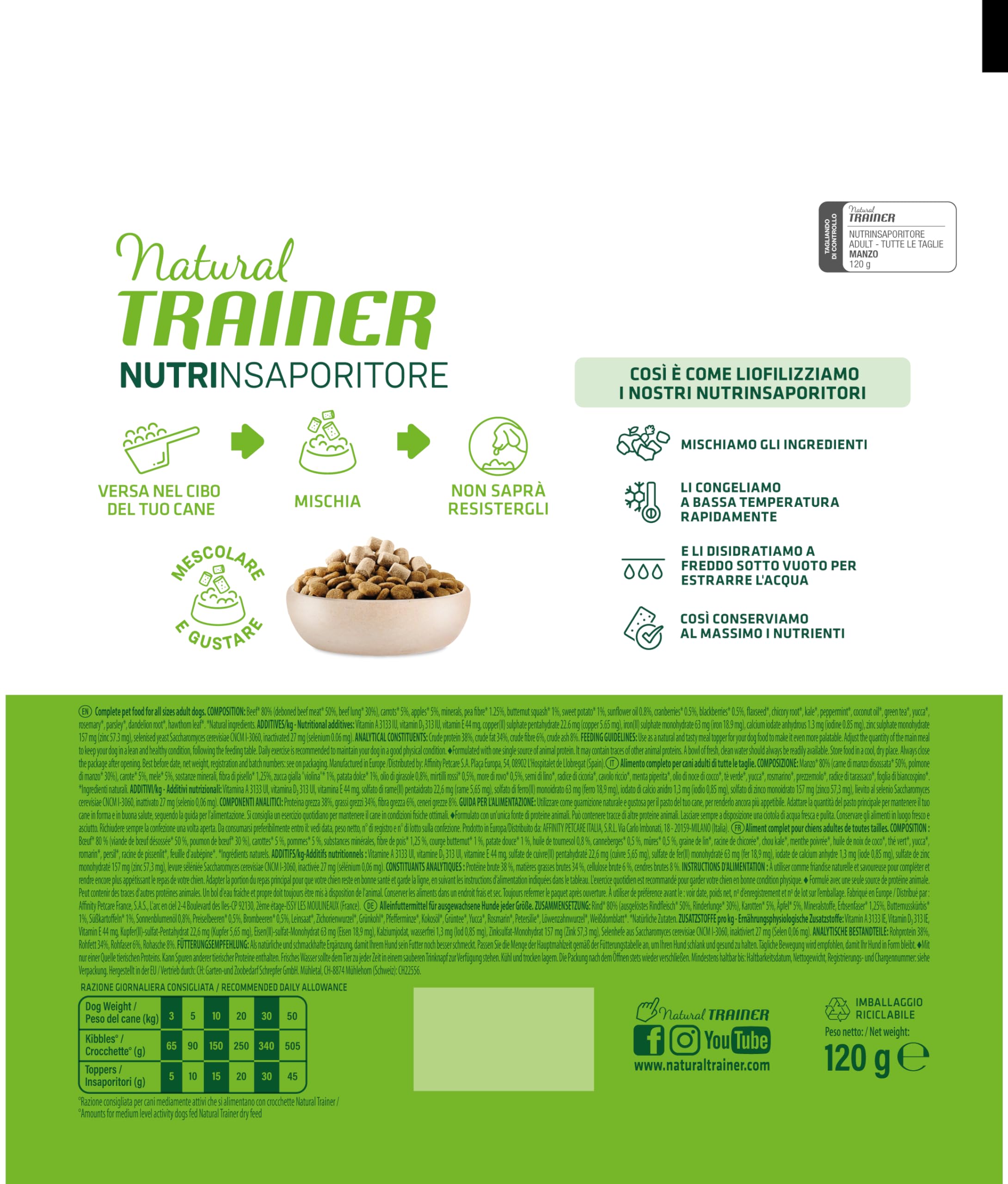 Natural Trainer Toppers - Cibo Completo per cani adulti di tutte le taglie con Manzo - 7 x 120g