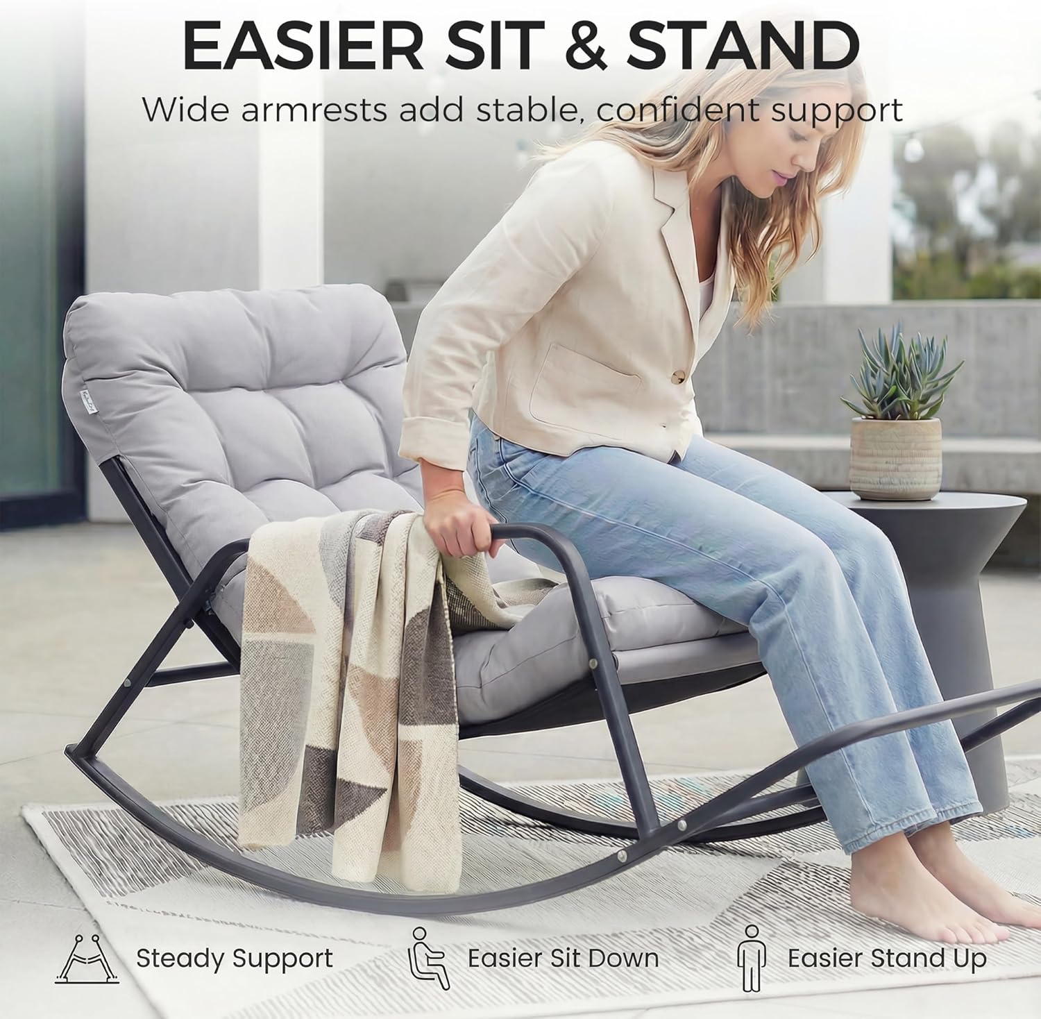 NICESOUL Papasan Rocking Chair with Footrest, Outdoor Rocking Chair with Cushion, Oversized Patio Rocker, Modern Lounge Comfort, Heavy Duty Steel Frame, Indoor Porch Garden, Grey