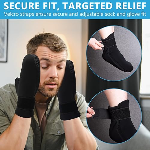 Miniatura 8 de Tilcare - Kit de terapia de frío  Calcetines de gel reutilizables para pies de hielo, gorra fría y guantes de hielo para neuropatía por