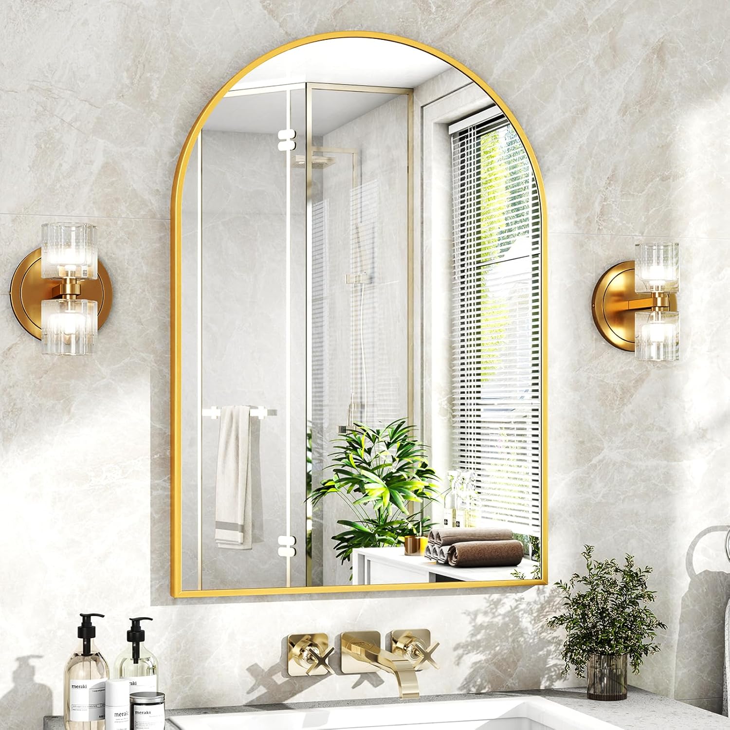24″x36″ Gold Arched Bathroom Mirror – Wall Mirror for Bathroom, Metal Frame Vanity Mirror, Dresser Mirror, Arch Decorative Mirrors for Living Room, Bedroom, Entryway, Mantle