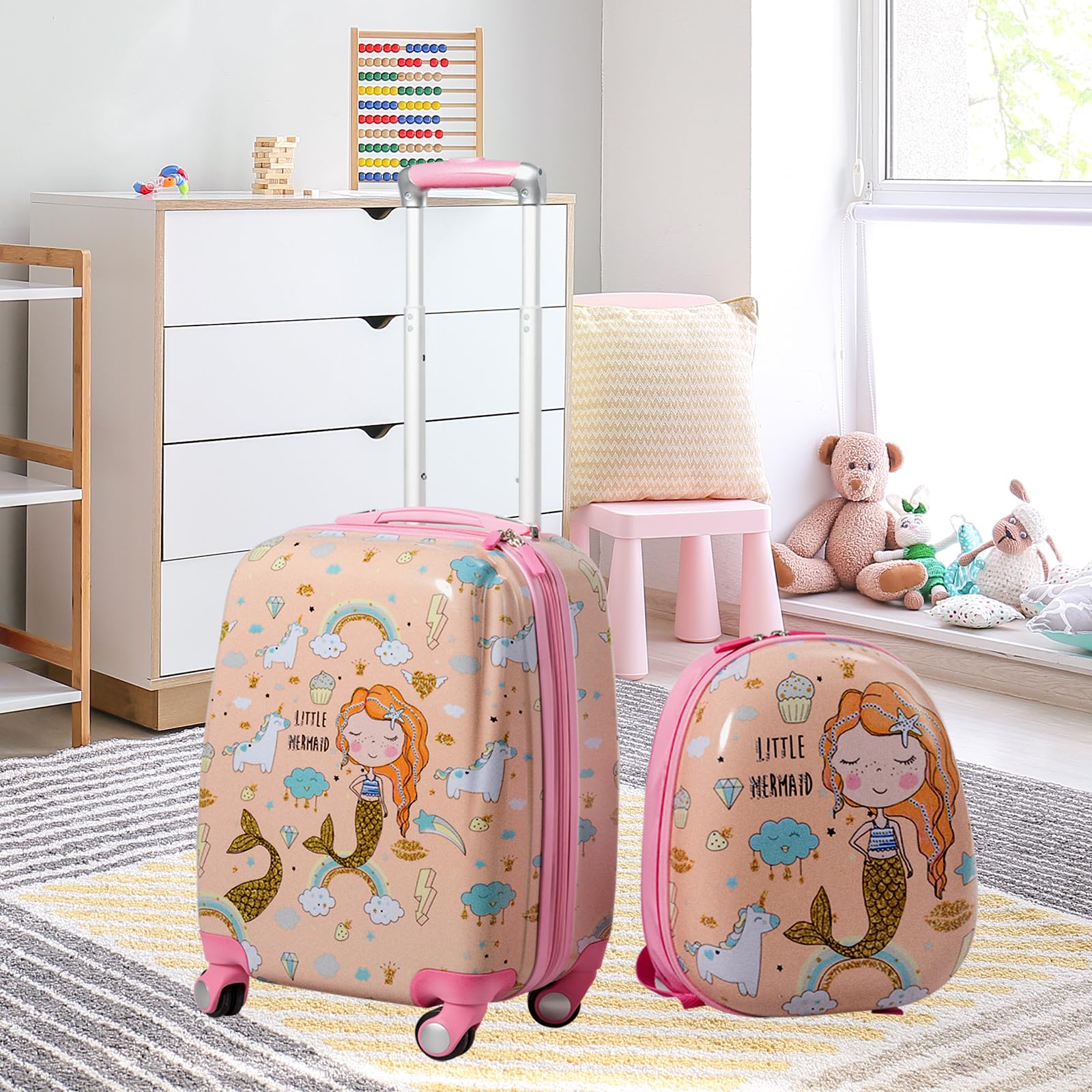 SOARS Set di Valigia 18’’ + Zaino 12’’ per Bambini 2 Pezzi, Bagagli 2-in-1 con Zainetto da Viaggio Aereo, Trolley con Maniglia Telescopica e 4 Ruote a 360° (Rosa Sirena)