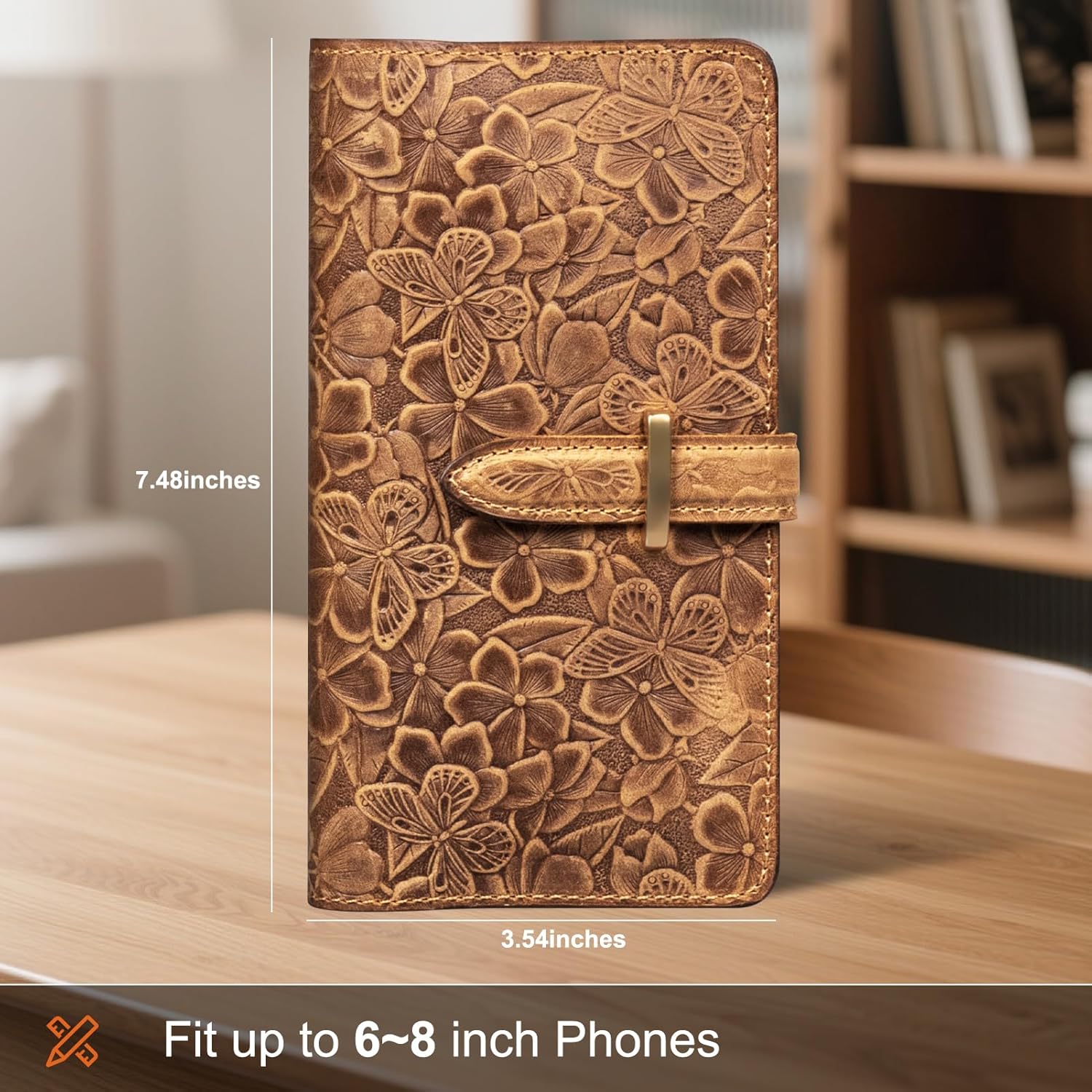 Genuine Leather Flip Bifold Phone Wallet – RFID Blocking | Holds 2 Phones + 8 Cards | Minimalist Design, Brown