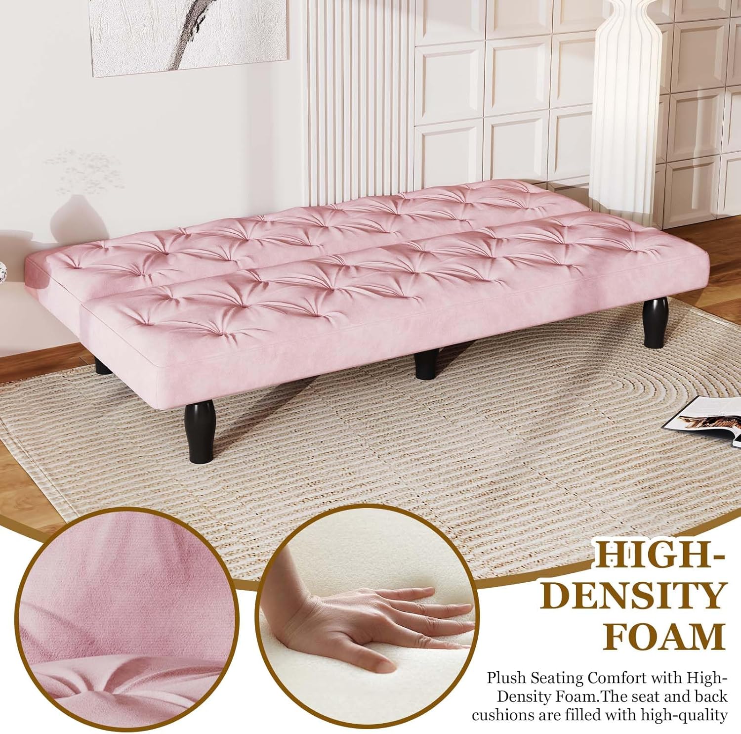 Anwick 3-in-1 Futon Sofa Bed, 66" Velvet Love Seat Sleeper Bed with Adjustable Backrest, Multifunctional Reclining Couch Sofas for Small Spaces, Living Room, Office, Guest Room (Pink)