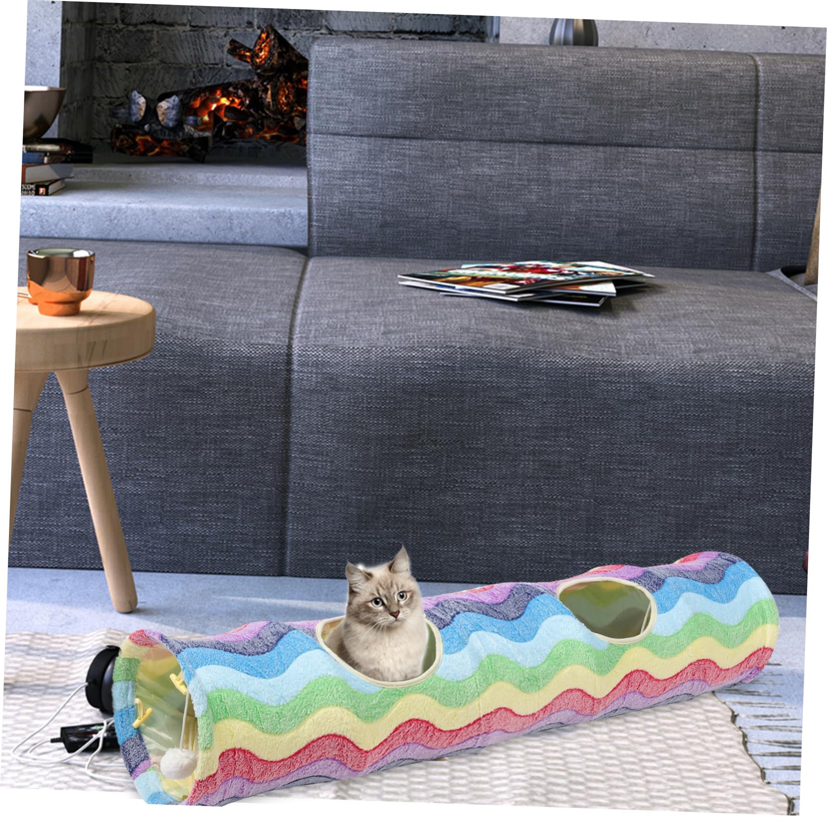 TOYANDONA Faltbarer Katzentunnel Animierendes Katzenspielzeug aus Weichem Flanell mit Regenbogenmuster für Bewegung und Spielerisches Training der Katze