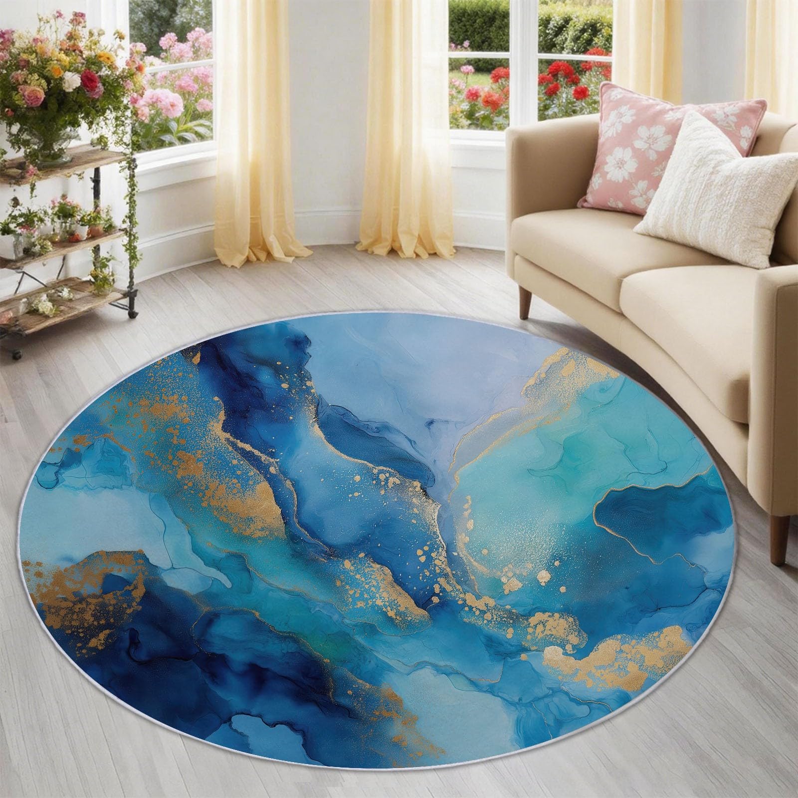 Générique Tapis Rond 160 cm Bleu, Rêveur Luxe Abstrait Océan Marbre Tapis de Salon Lavable et Antidérapant, Tapis Doux pour Chambre d'Ados, Filles et Garçons, Poil Ras, Facile à Nettoyer