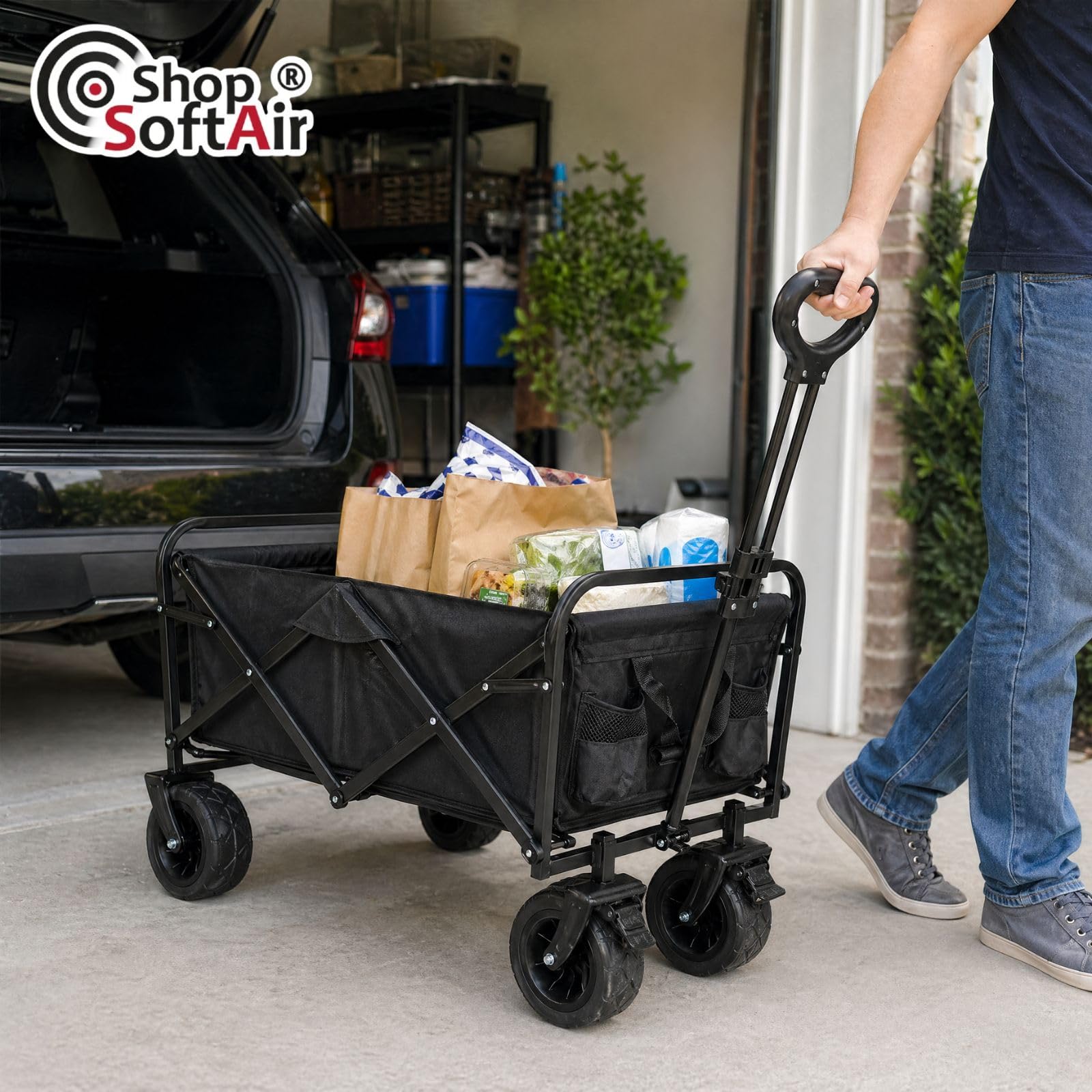 Carrello Pieghevole Multiuso, Nero o Blu, Acciaio e PVC Oxford, 52x88 cm, Portata 75 kg, Manico Retrattile, 4 Ruote (NERO)