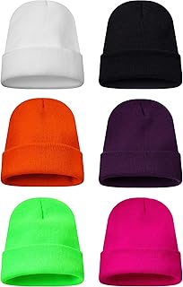 6 Pieces Multicolor Winter Beanie Hats Warm Cozy Knitted Cuffed Skull Cap for Adults and Kids (Orange, Rose Red, Green, Dark Purple, White, Black)