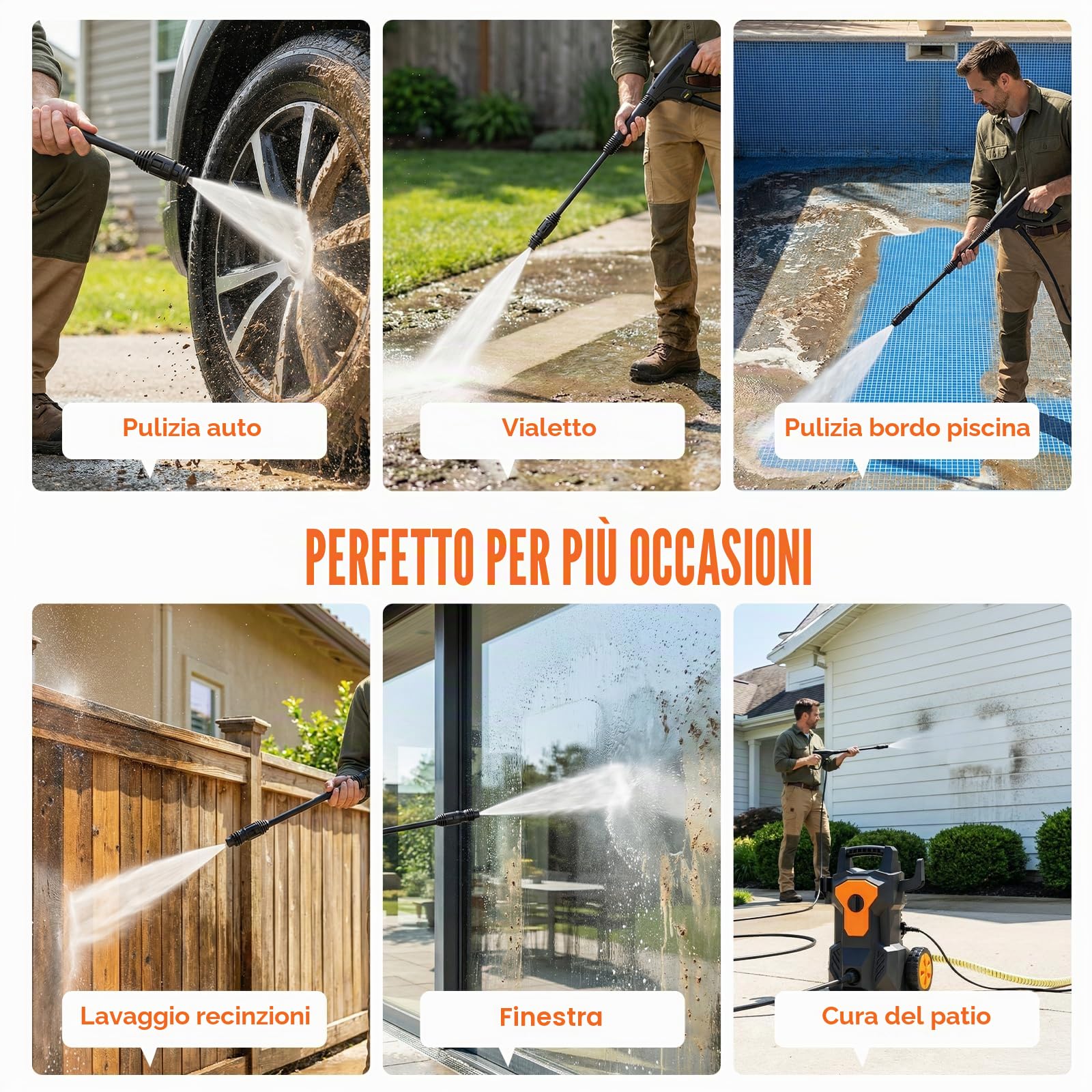 Idropulitrice Alta Pressione, 1600W, Pressione max.140 bar, 420 l/h, Tubo Flessibile da 8M Cavo da 2M, con Ugello Regolabile Pistola et Avvolgitubo integrato, per Casa, Giardino e Auto, Irrigazione