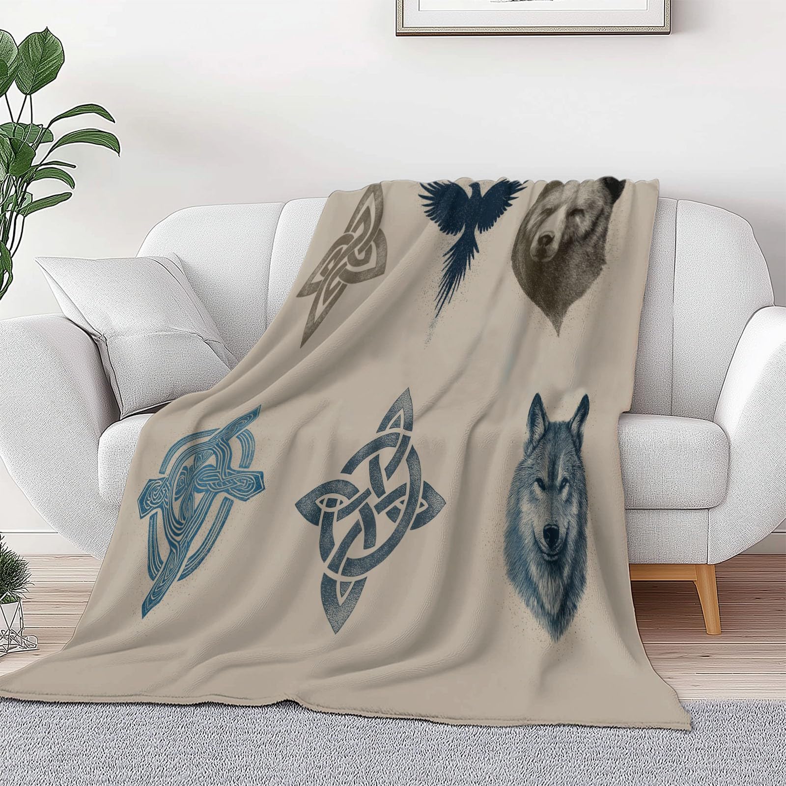 Podwójny koc polarowy 180 x 200 cm Runiczny Wilk Symbol na sofę i łóżko, ciepły i miękki koc z polaru flanelowego, kremowy - do łóżek na sofę i meble